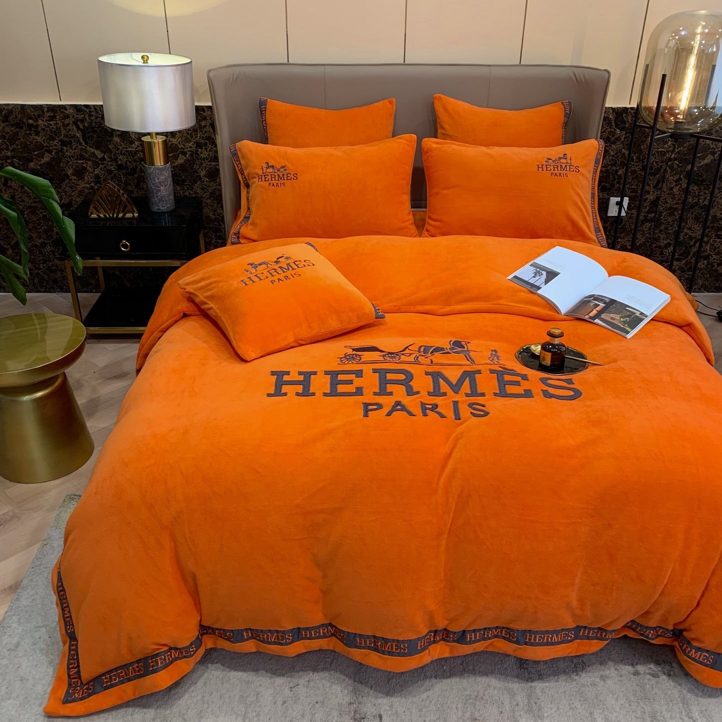 Classic Hermes Orange Milk Velvet Bedding Set