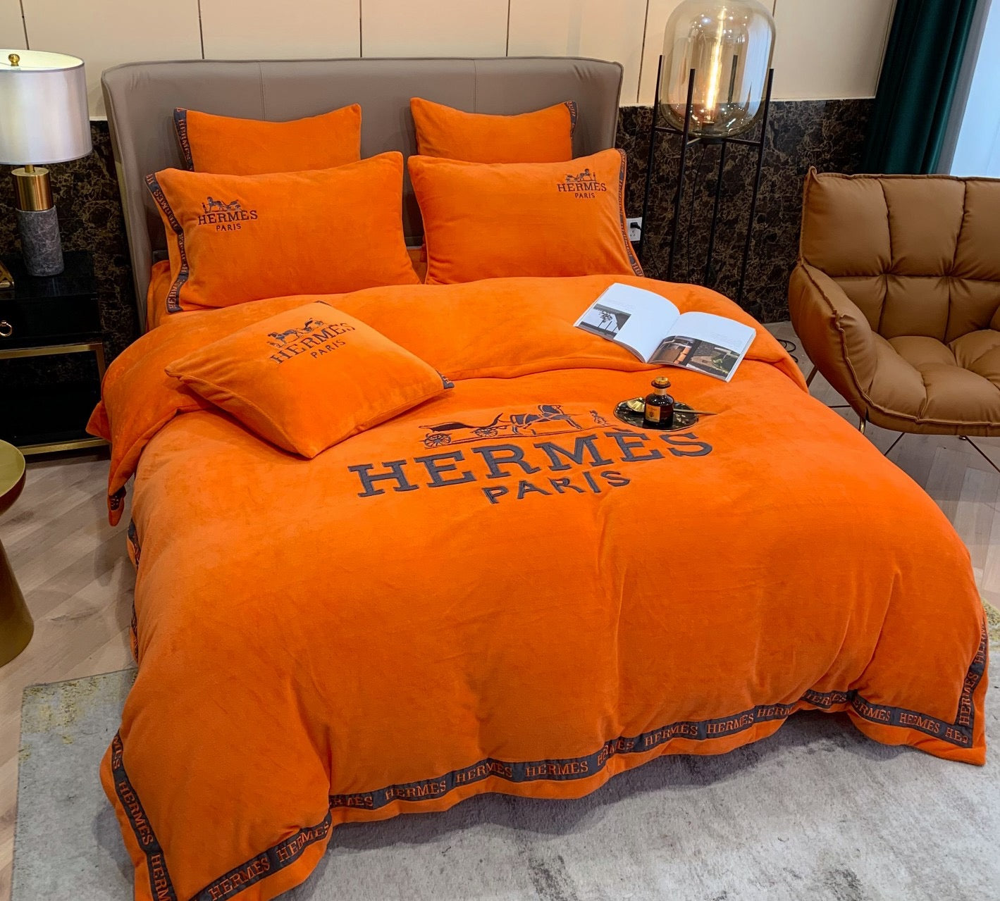 Classic Hermes Orange Milk Velvet Bedding Set