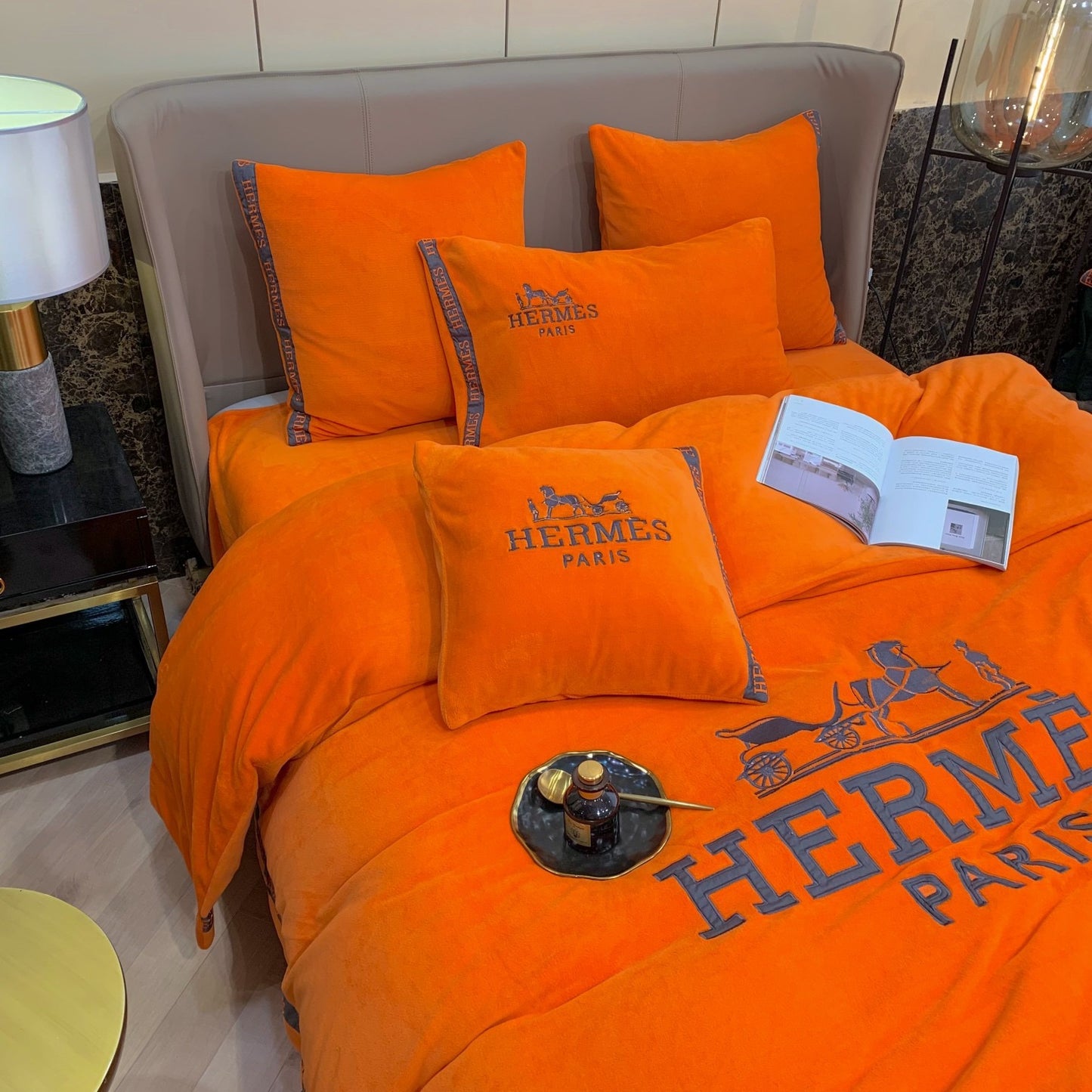 Classic Hermes Orange Milk Velvet Bedding Set