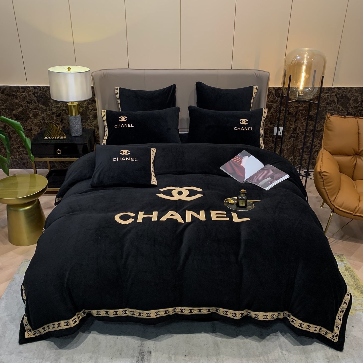 Black Gold Chanel Logo Milk Velvet Bedding Set