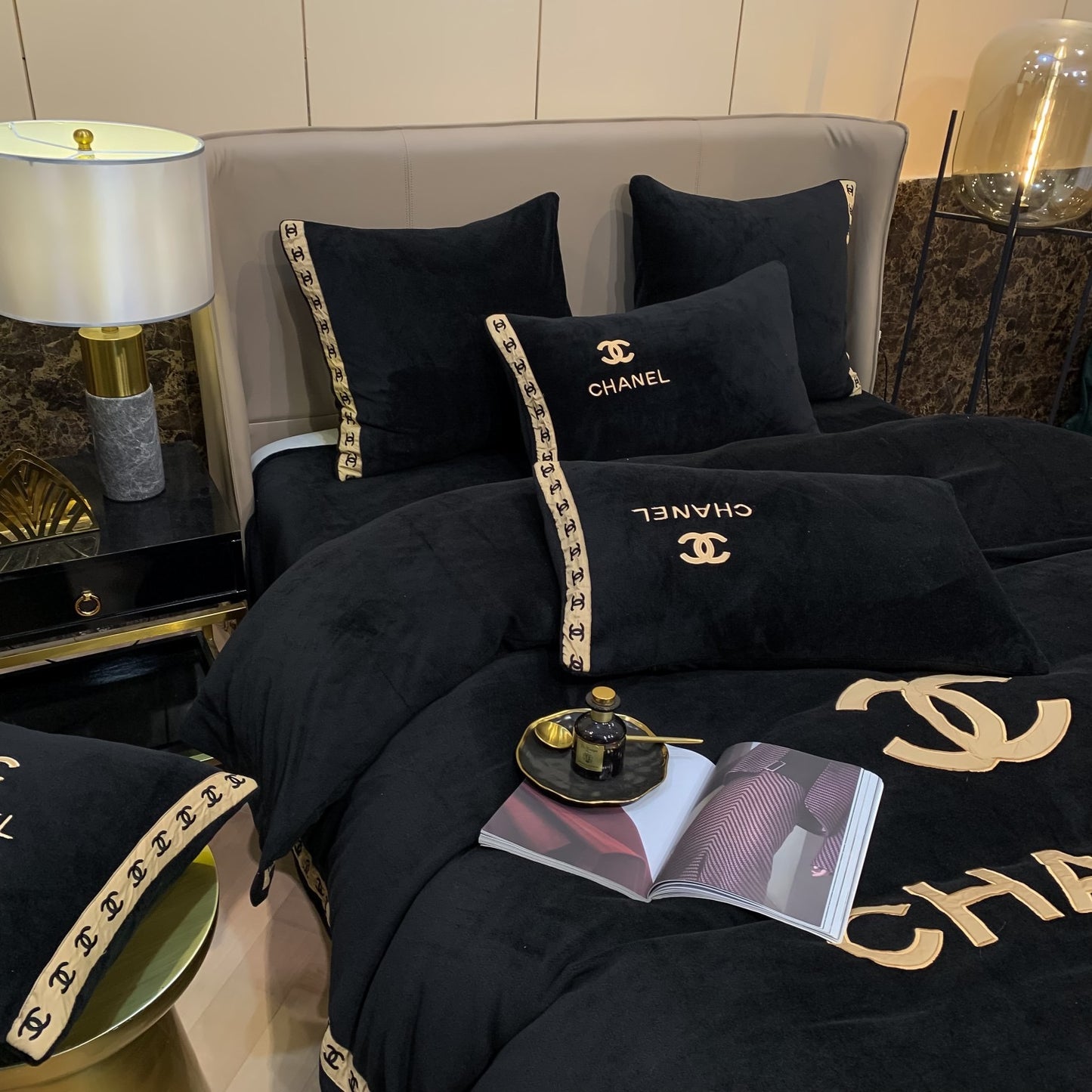 Black Gold Chanel Logo Milk Velvet Bedding Set