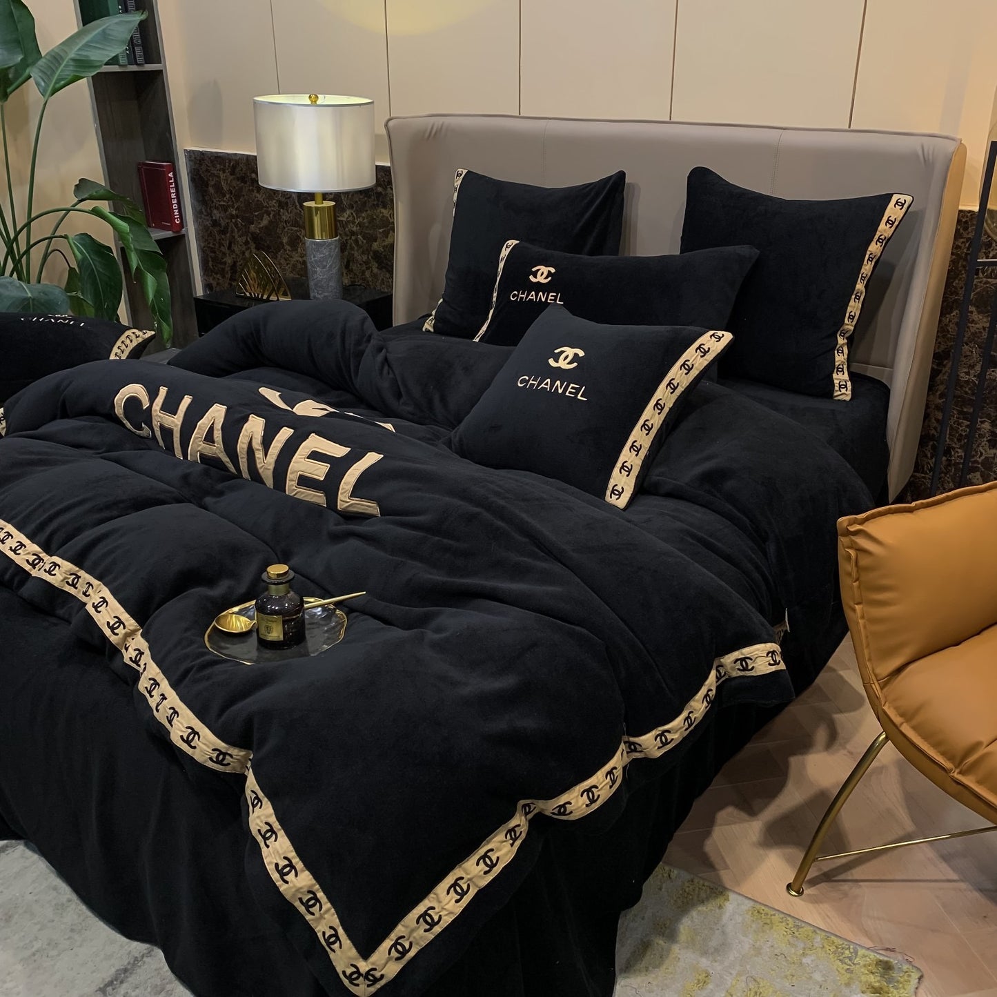 Black Gold Chanel Logo Milk Velvet Bedding Set