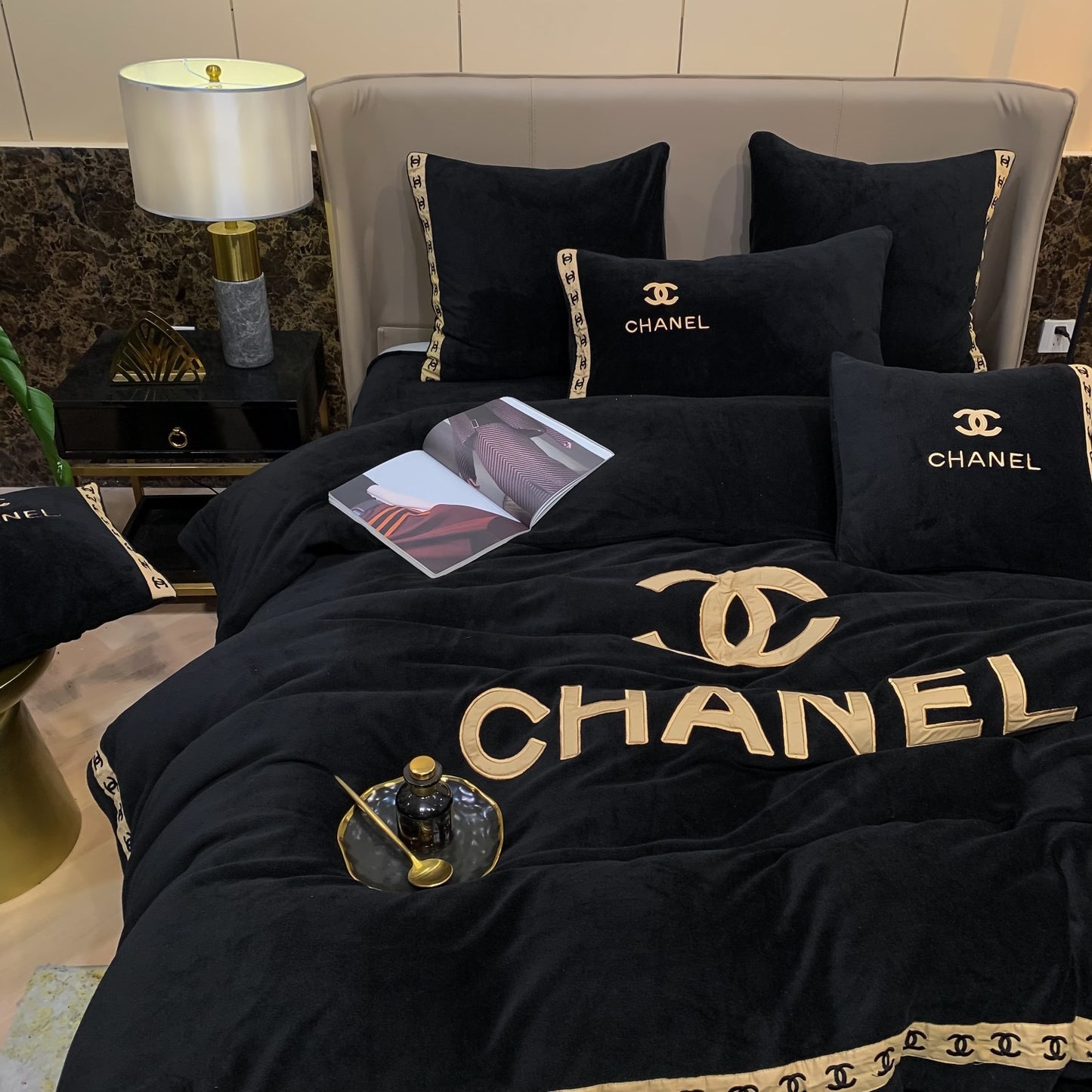 Black Gold Chanel Logo Milk Velvet Bedding Set