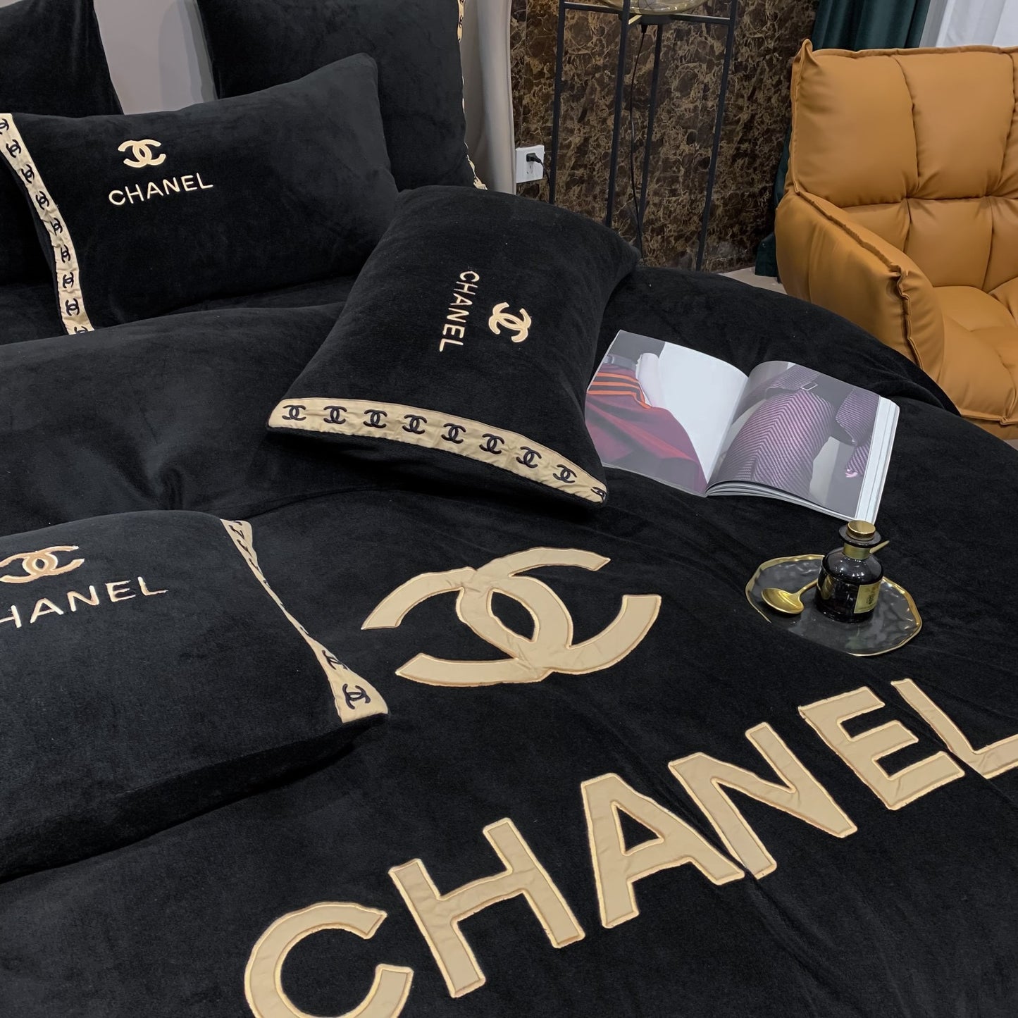 Black Gold Chanel Logo Milk Velvet Bedding Set