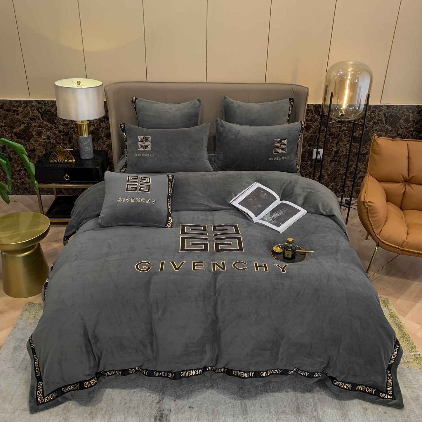 Luxury Gold Givenchy Milk Velvet Bedding Set