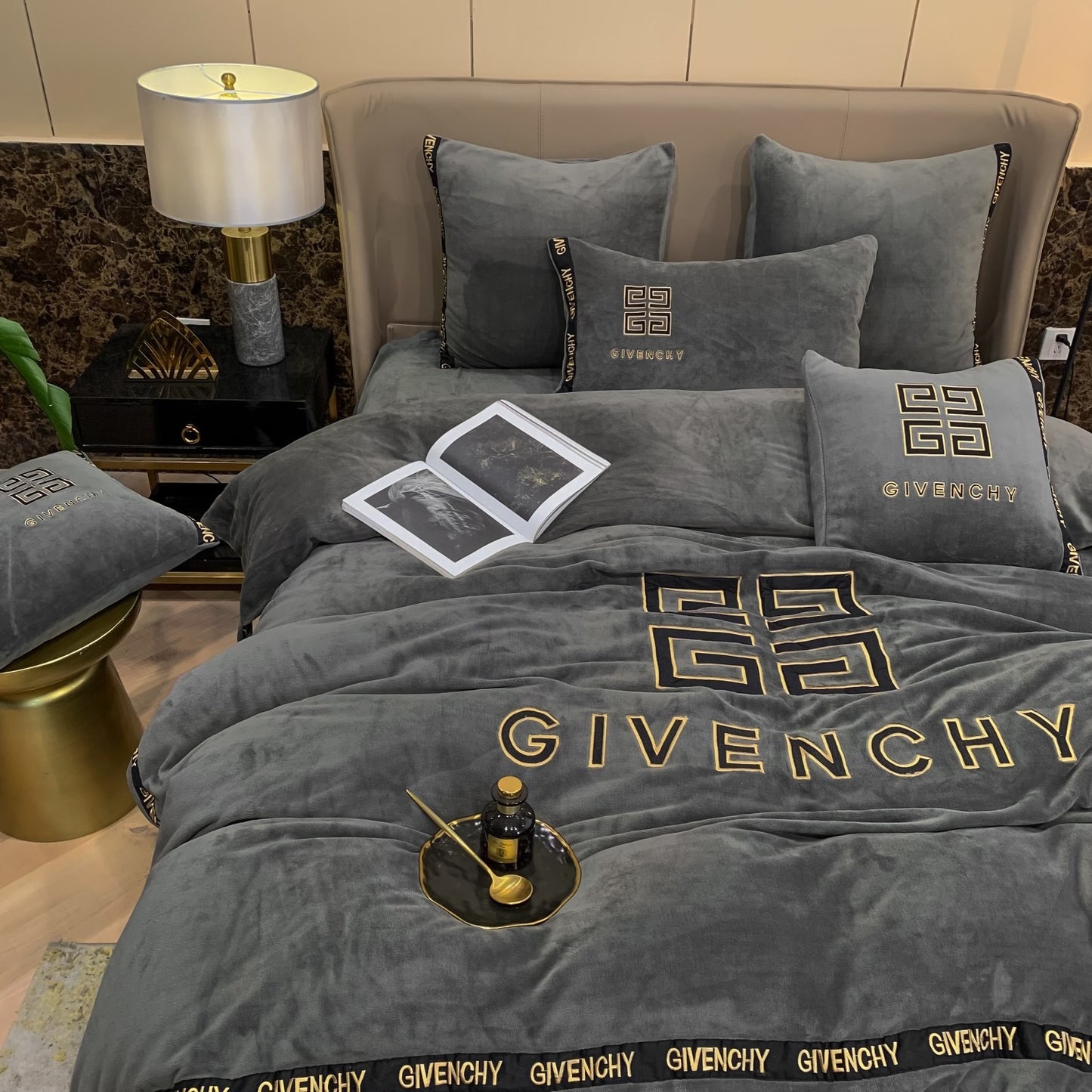 Luxury Gold Givenchy Milk Velvet Bedding Set