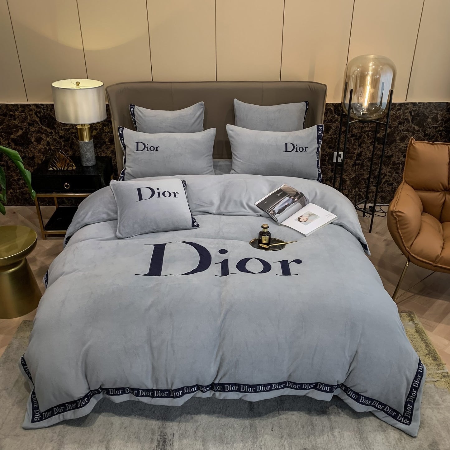 Plain Grey Christian Dior Milk Velvet Bedding Set