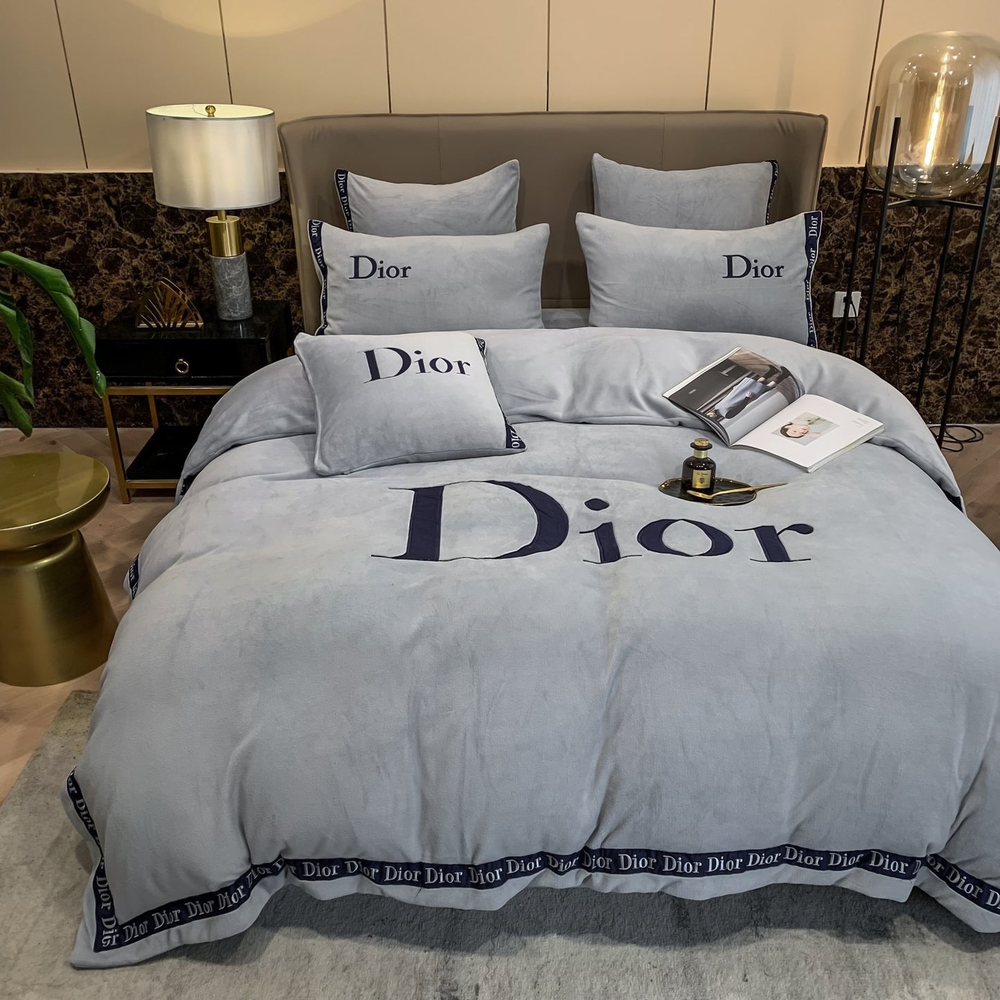 Plain Grey Christian Dior Milk Velvet Bedding Set