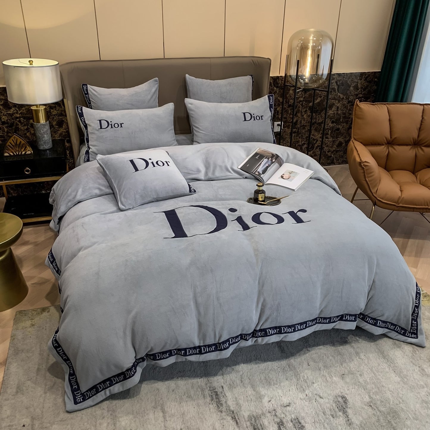 Plain Grey Christian Dior Milk Velvet Bedding Set