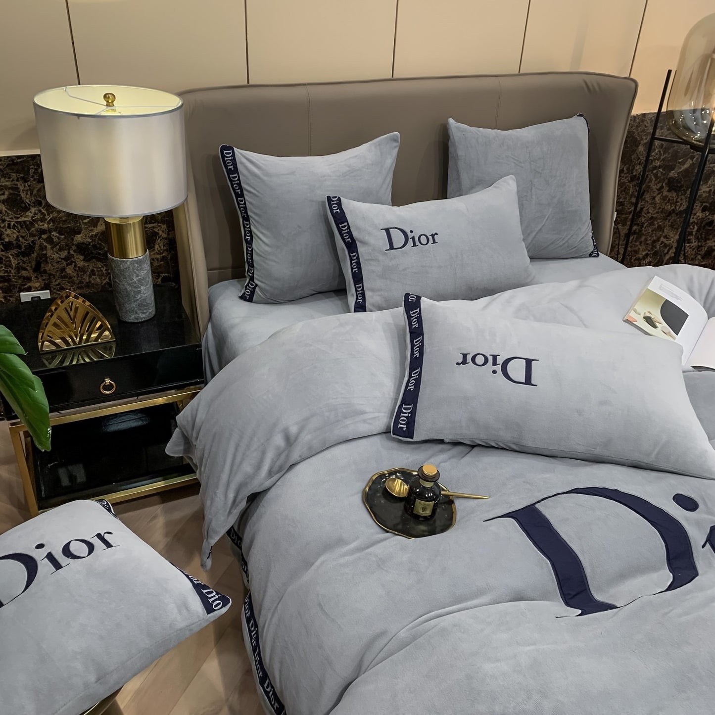 Plain Grey Christian Dior Milk Velvet Bedding Set