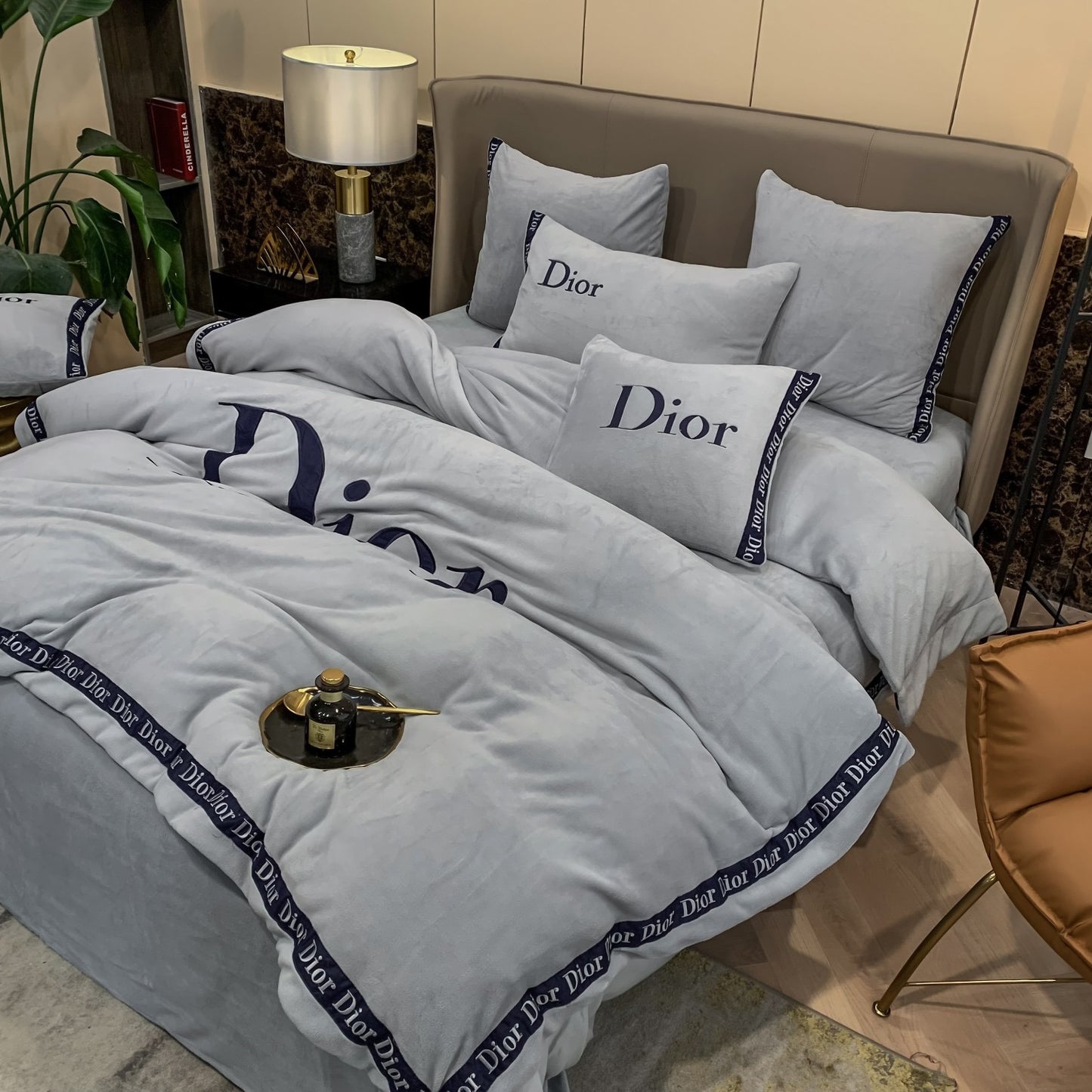 Plain Grey Christian Dior Milk Velvet Bedding Set