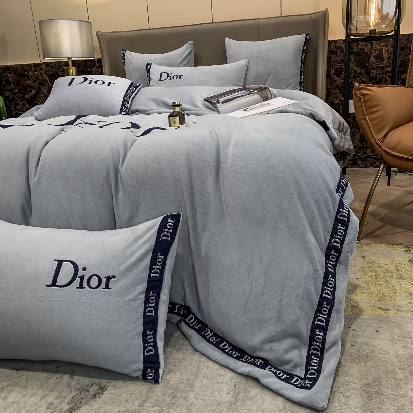 Plain Grey Christian Dior Milk Velvet Bedding Set