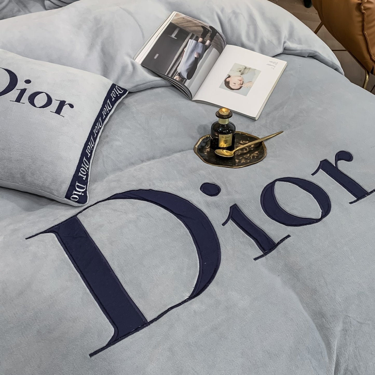 Plain Grey Christian Dior Milk Velvet Bedding Set