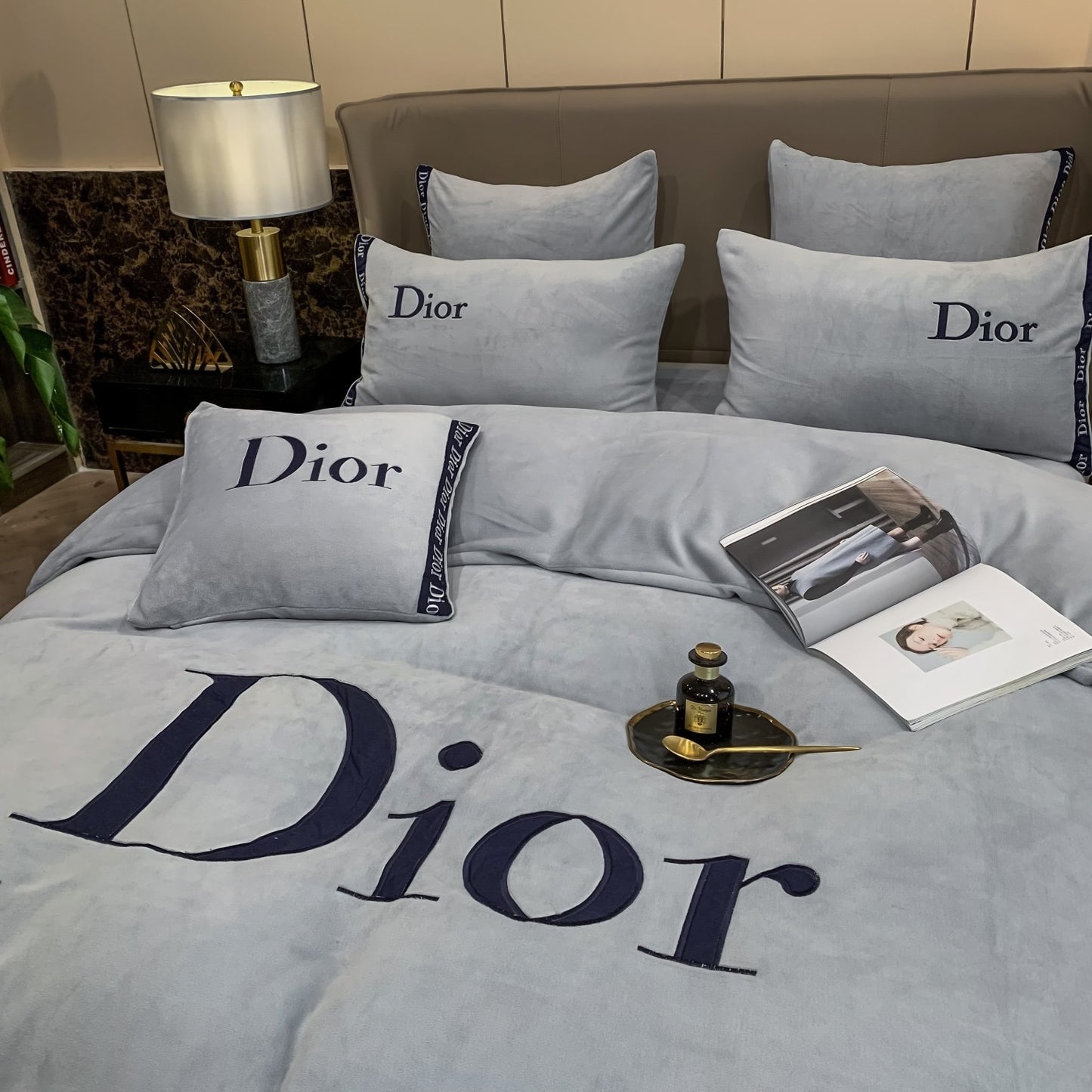 Plain Grey Christian Dior Milk Velvet Bedding Set