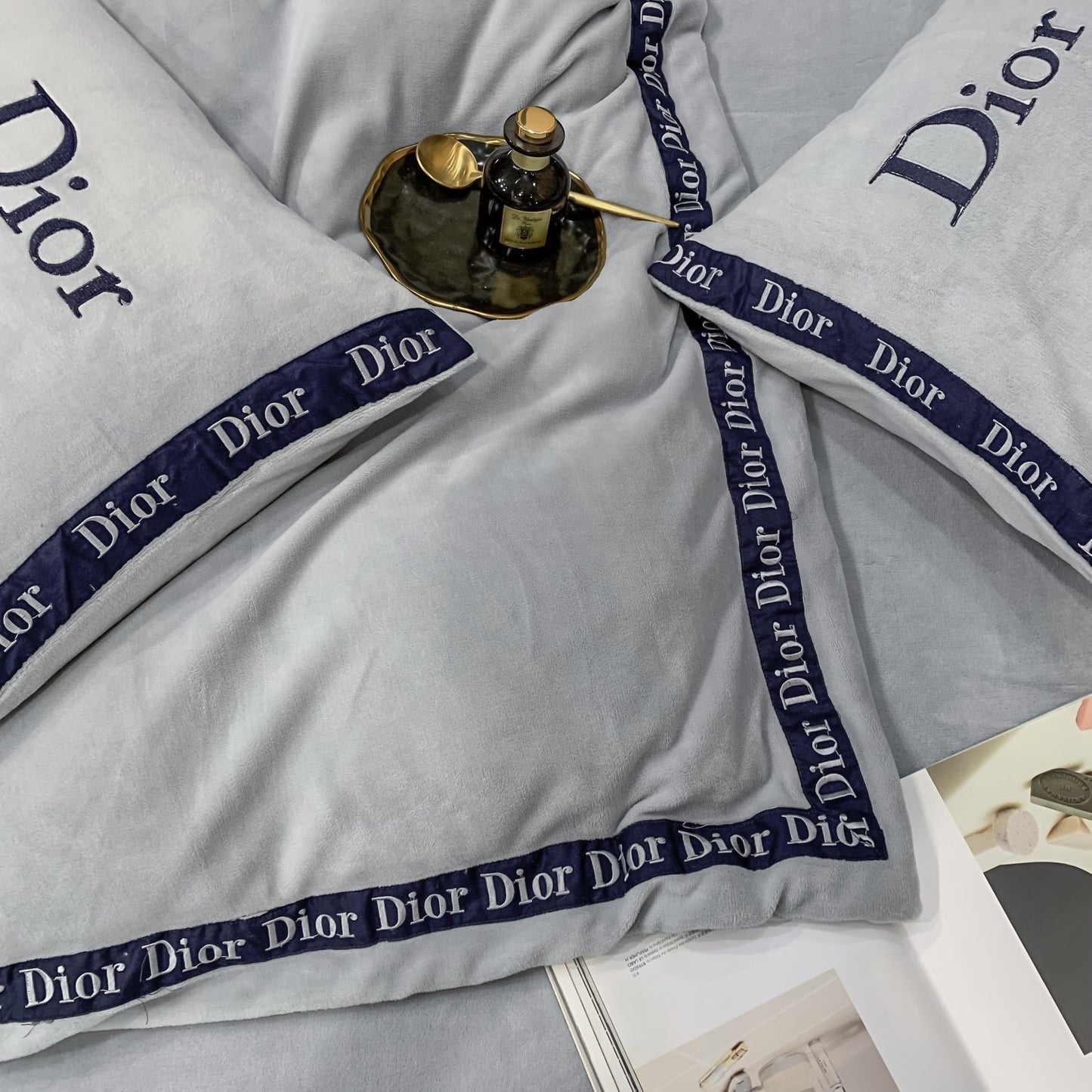 Plain Grey Christian Dior Milk Velvet Bedding Set