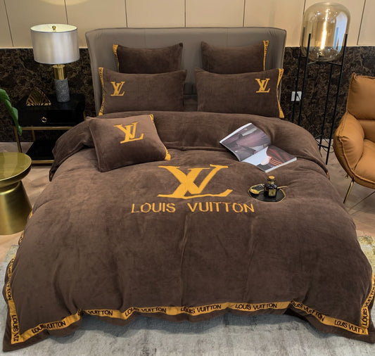 Brown Gold Louis Vuitton LV Milk Velvet Bedding Set