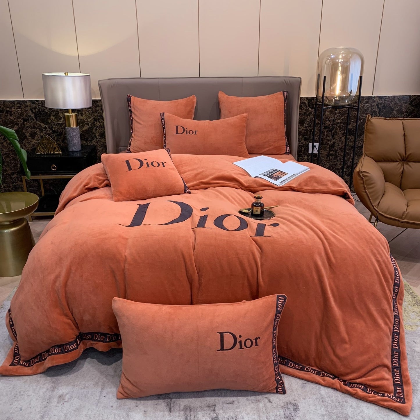 Plain Orange Christian Dior Milk Velvet Bedding Set