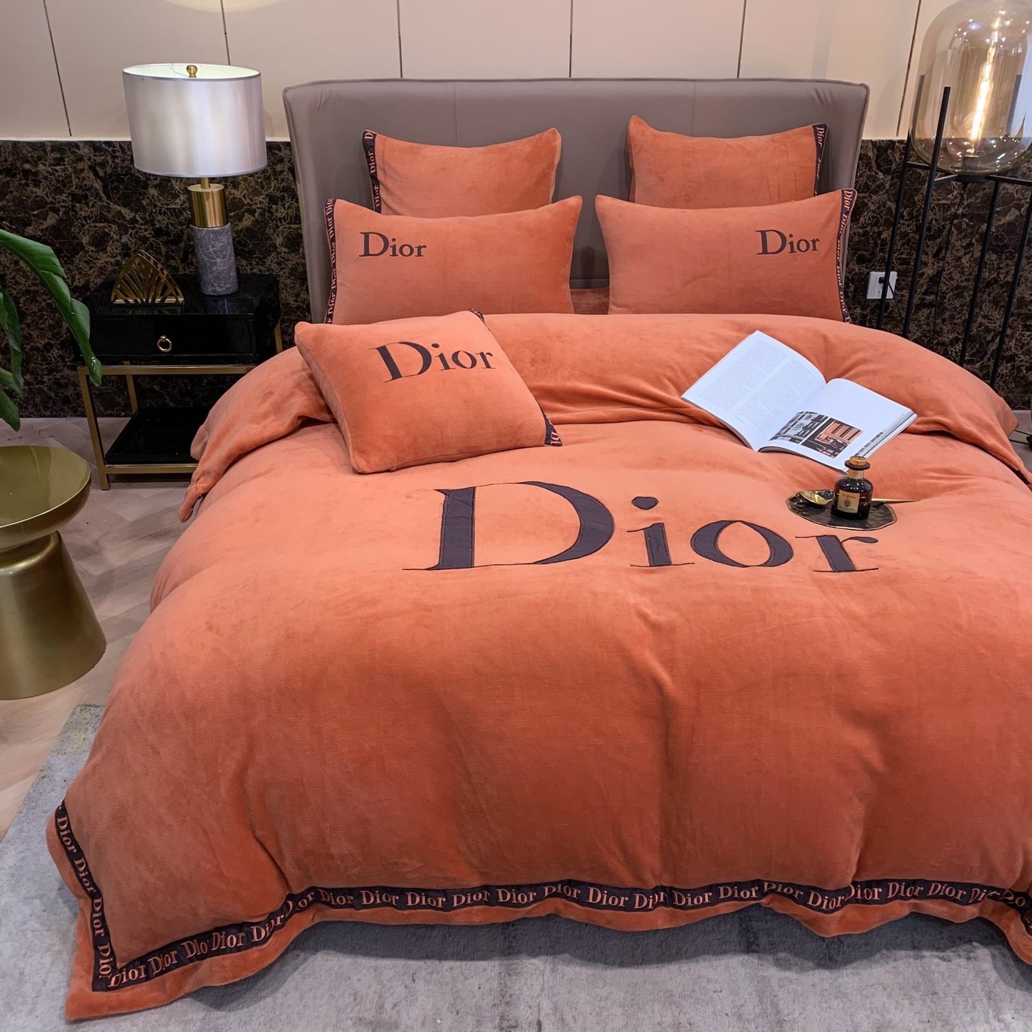 Plain Orange Christian Dior Milk Velvet Bedding Set