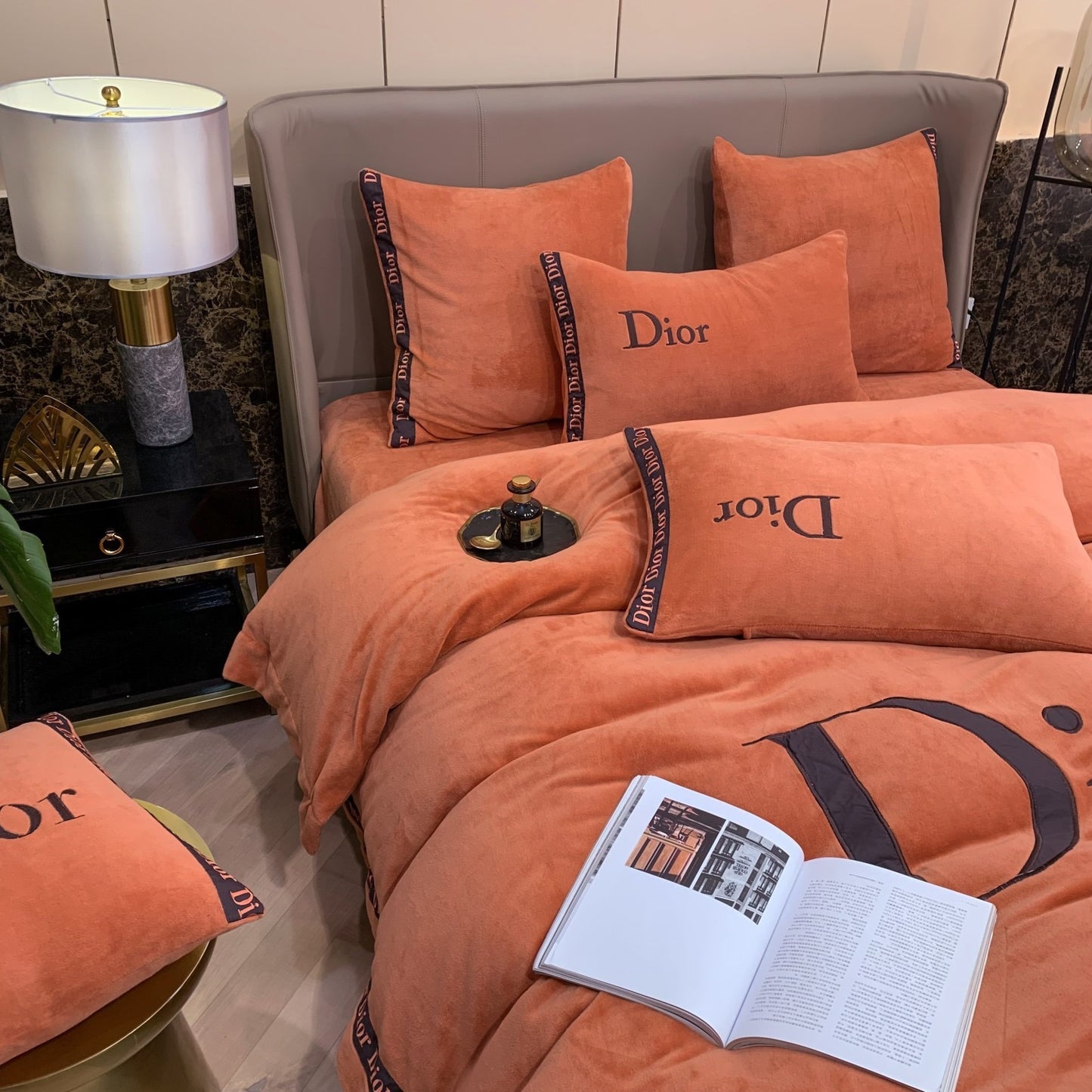 Plain Orange Christian Dior Milk Velvet Bedding Set