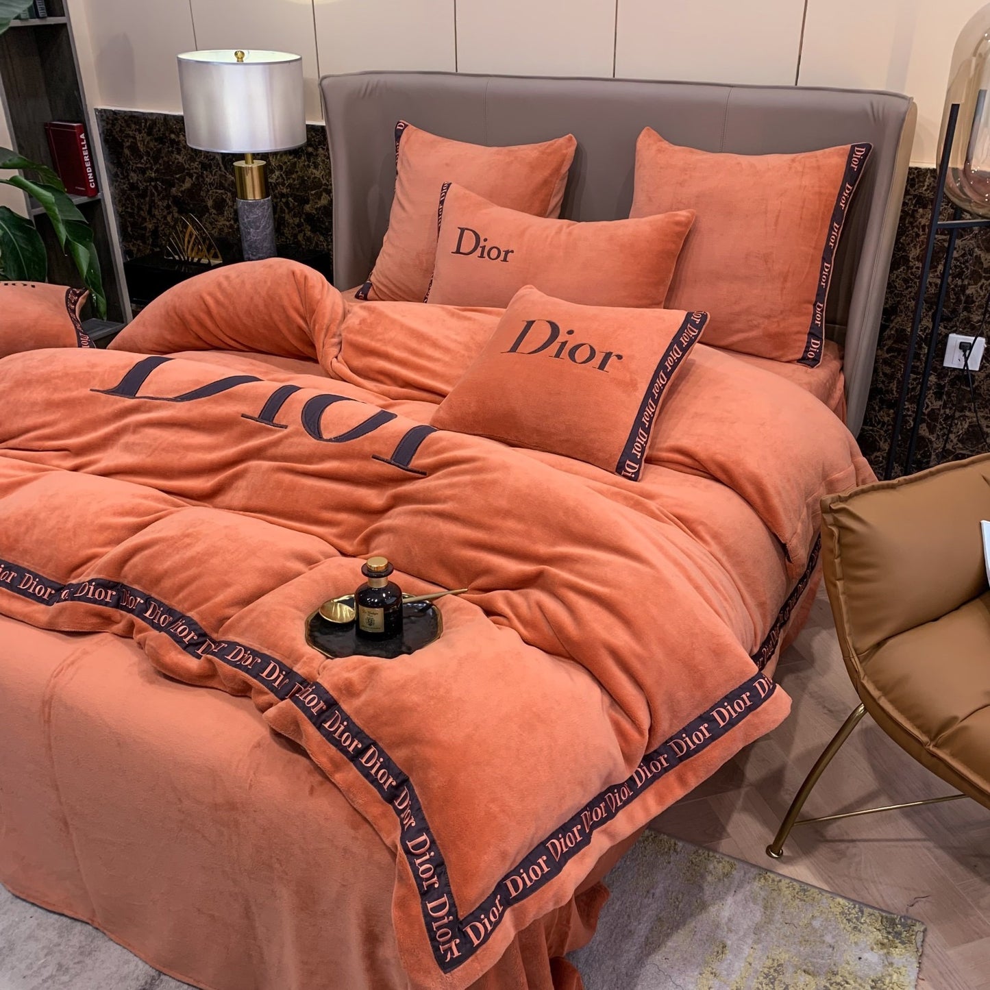 Plain Orange Christian Dior Milk Velvet Bedding Set