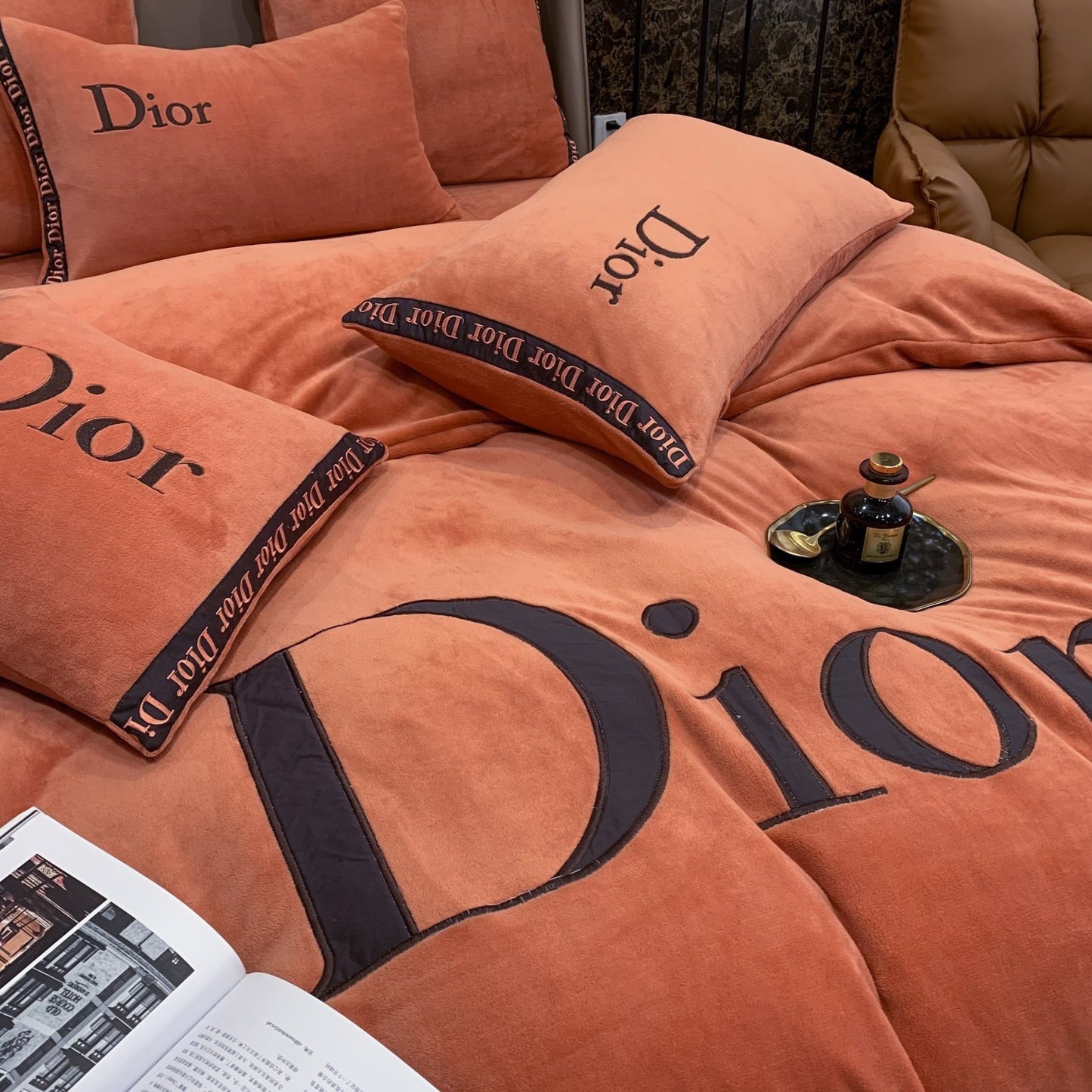 Plain Orange Christian Dior Milk Velvet Bedding Set