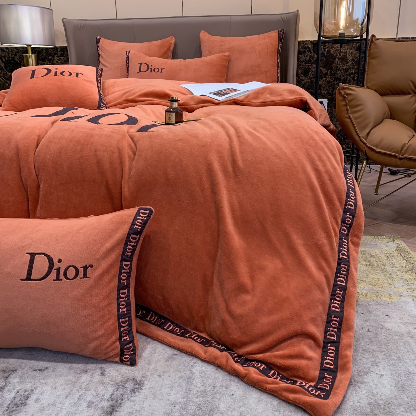 Plain Orange Christian Dior Milk Velvet Bedding Set