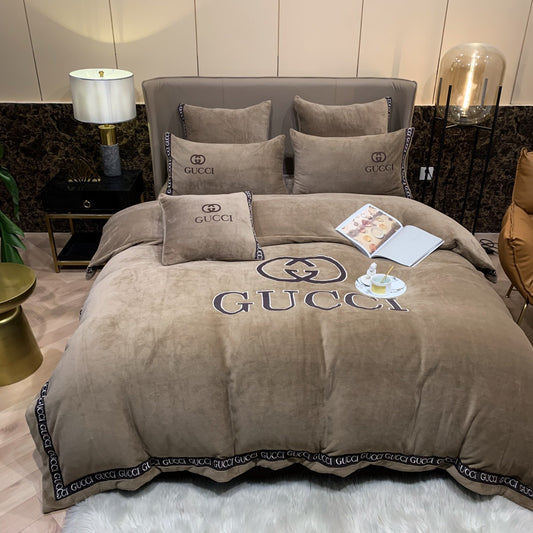 Plain Dark Brown Gucci Logo Milk Velvet Bedding Set