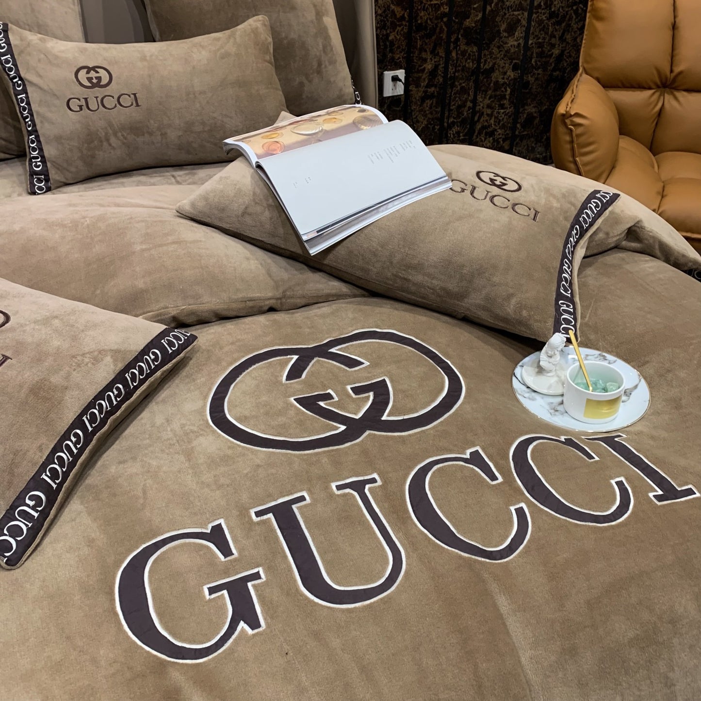 Plain Dark Brown Gucci Logo Milk Velvet Bedding Set