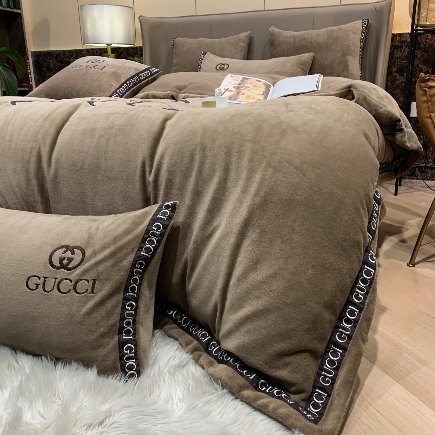 Plain Dark Brown Gucci Logo Milk Velvet Bedding Set