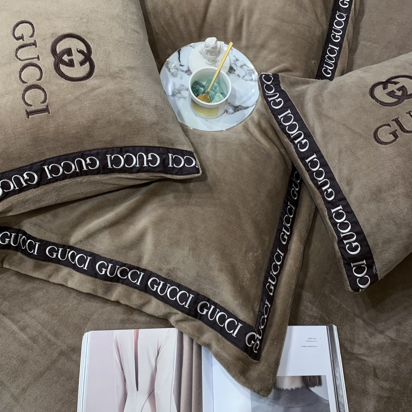 Plain Dark Brown Gucci Logo Milk Velvet Bedding Set