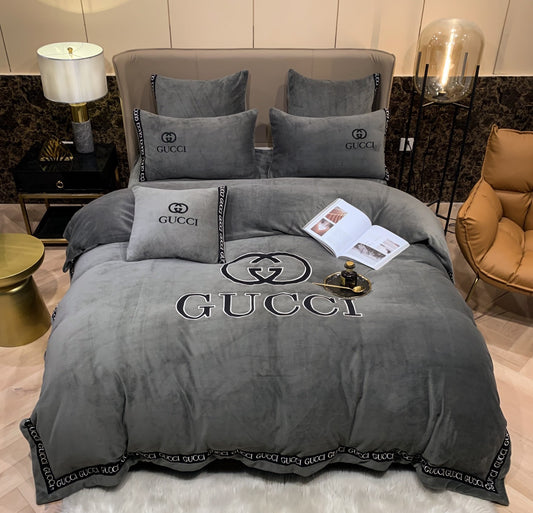 Plain Grey Gucci Logo Milk Velvet Bedding Set