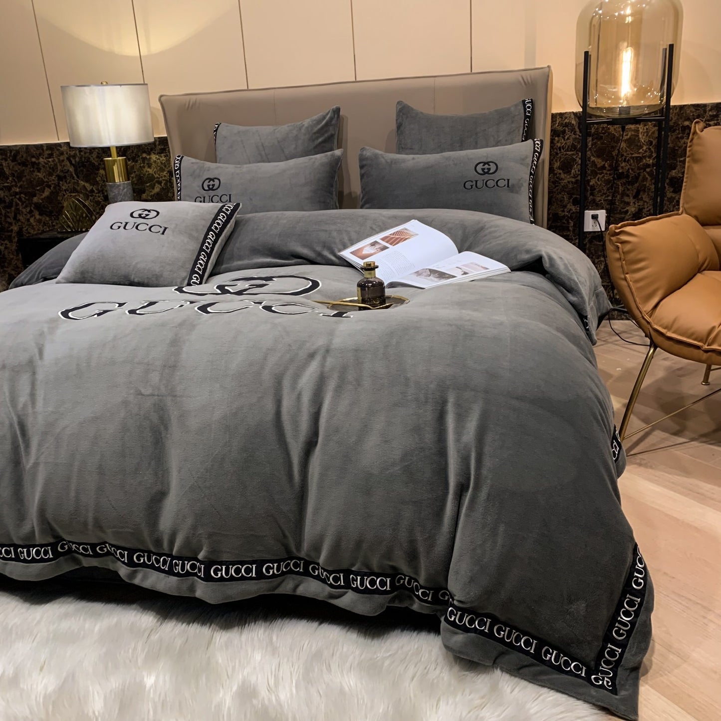 Plain Grey Gucci Logo Milk Velvet Bedding Set