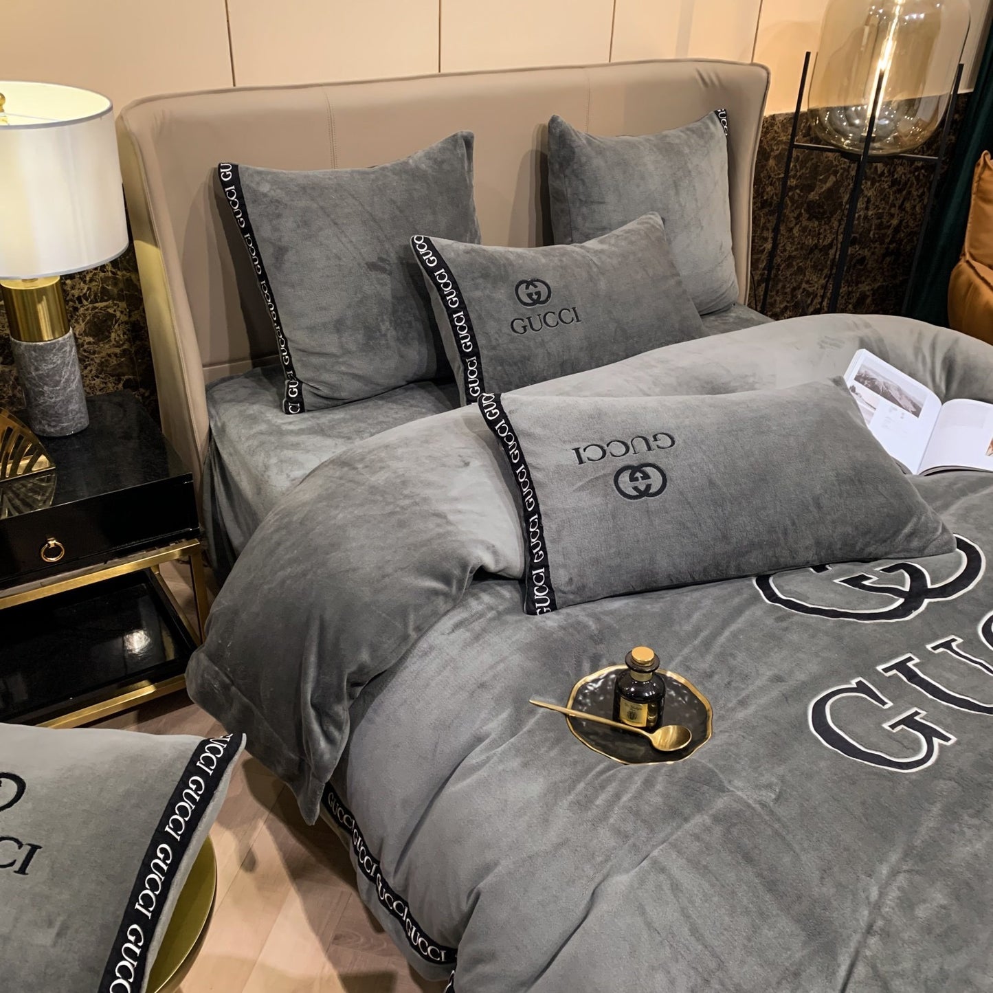 Plain Grey Gucci Logo Milk Velvet Bedding Set