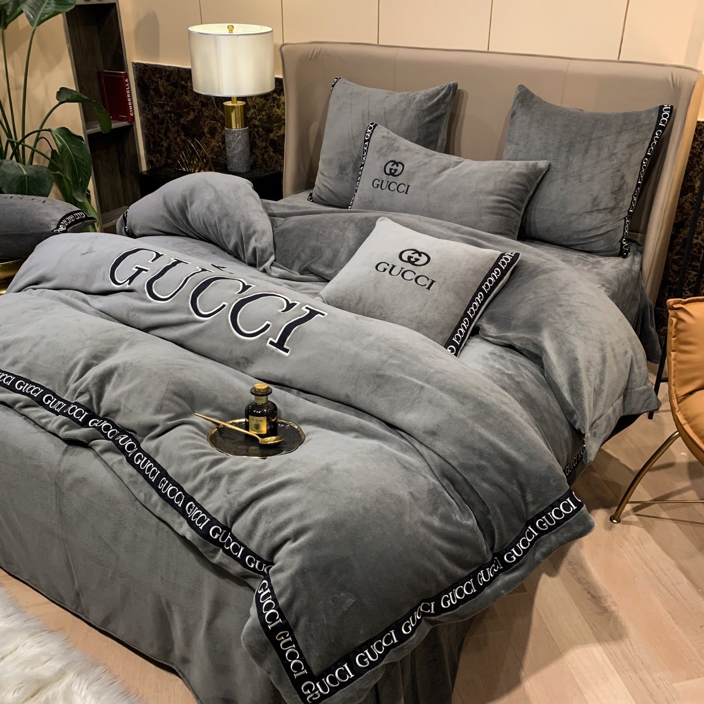 Plain Grey Gucci Logo Milk Velvet Bedding Set