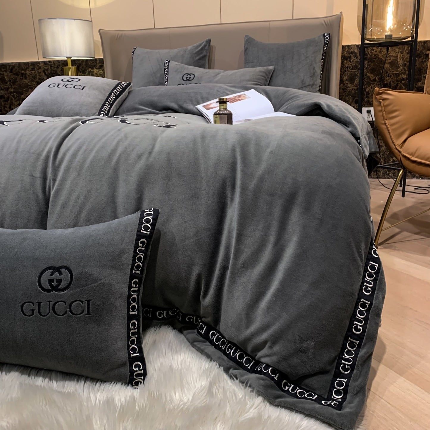 Plain Grey Gucci Logo Milk Velvet Bedding Set