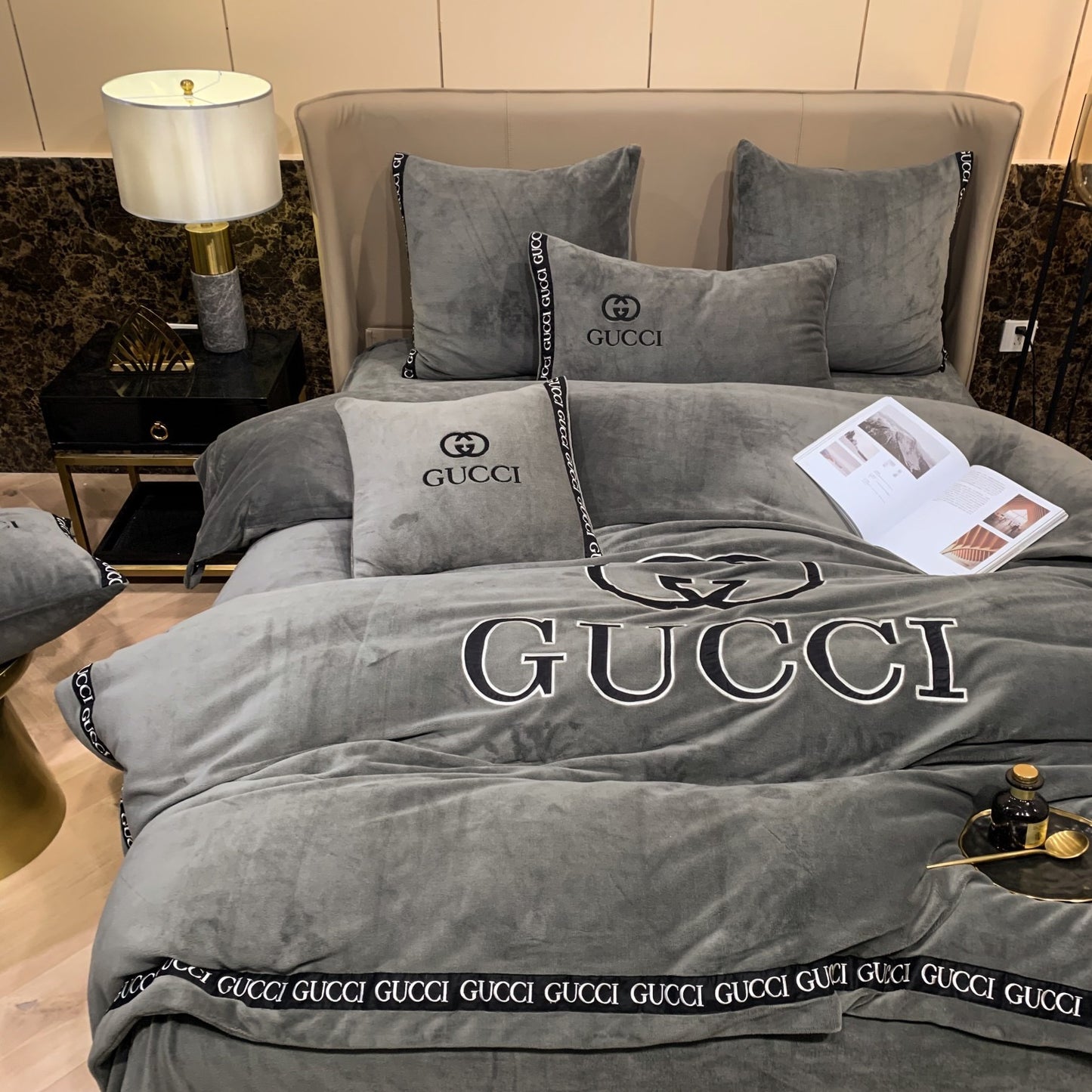 Plain Grey Gucci Logo Milk Velvet Bedding Set