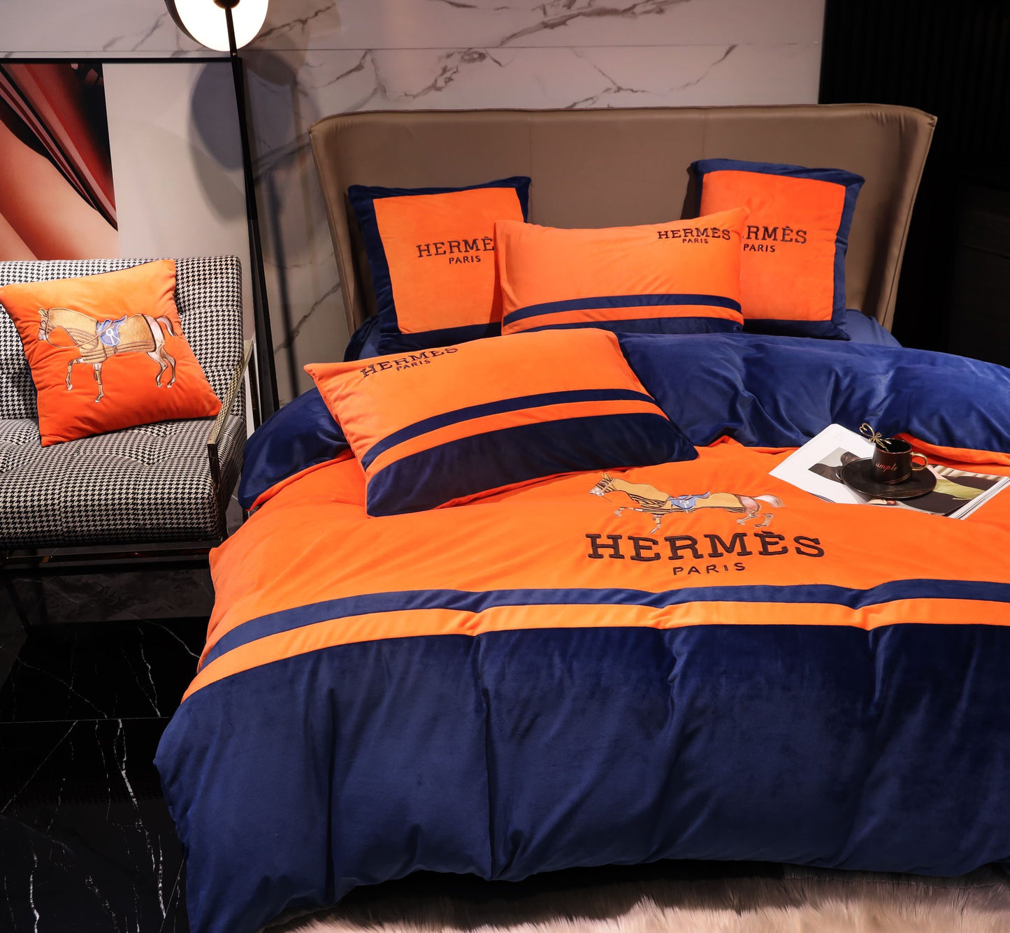 Navy Orange Hermes Horse Milk Velvet Bedding Set