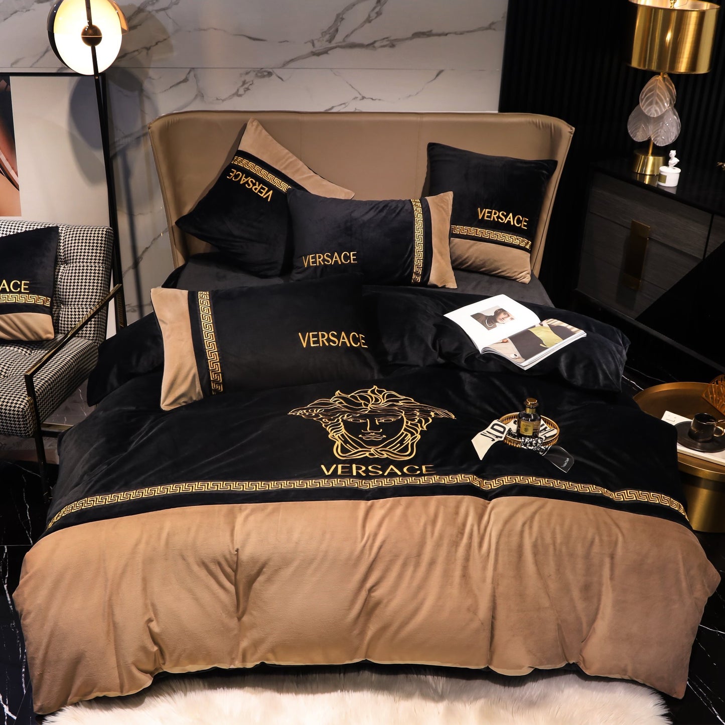 Luxury Black Gold Versace Medusa Milk Velvet Bedding Set