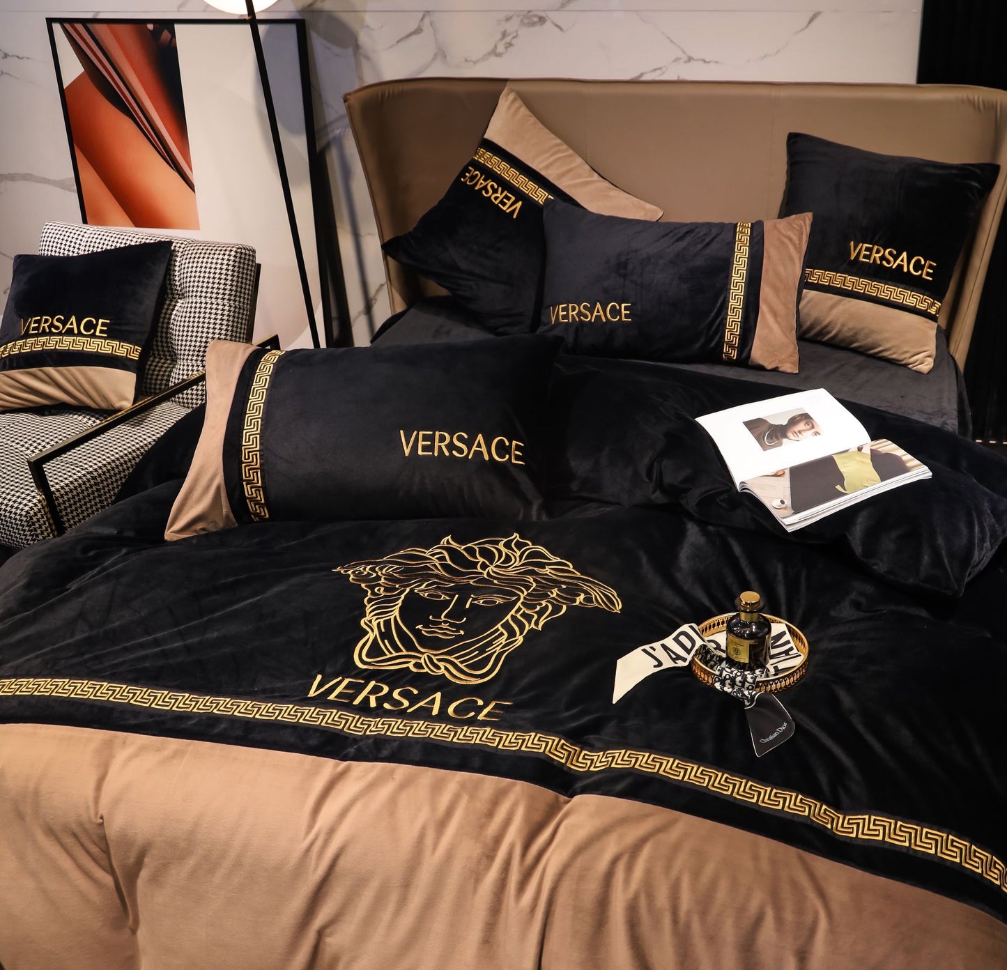 Luxury Black Gold Versace Medusa Milk Velvet Bedding Set