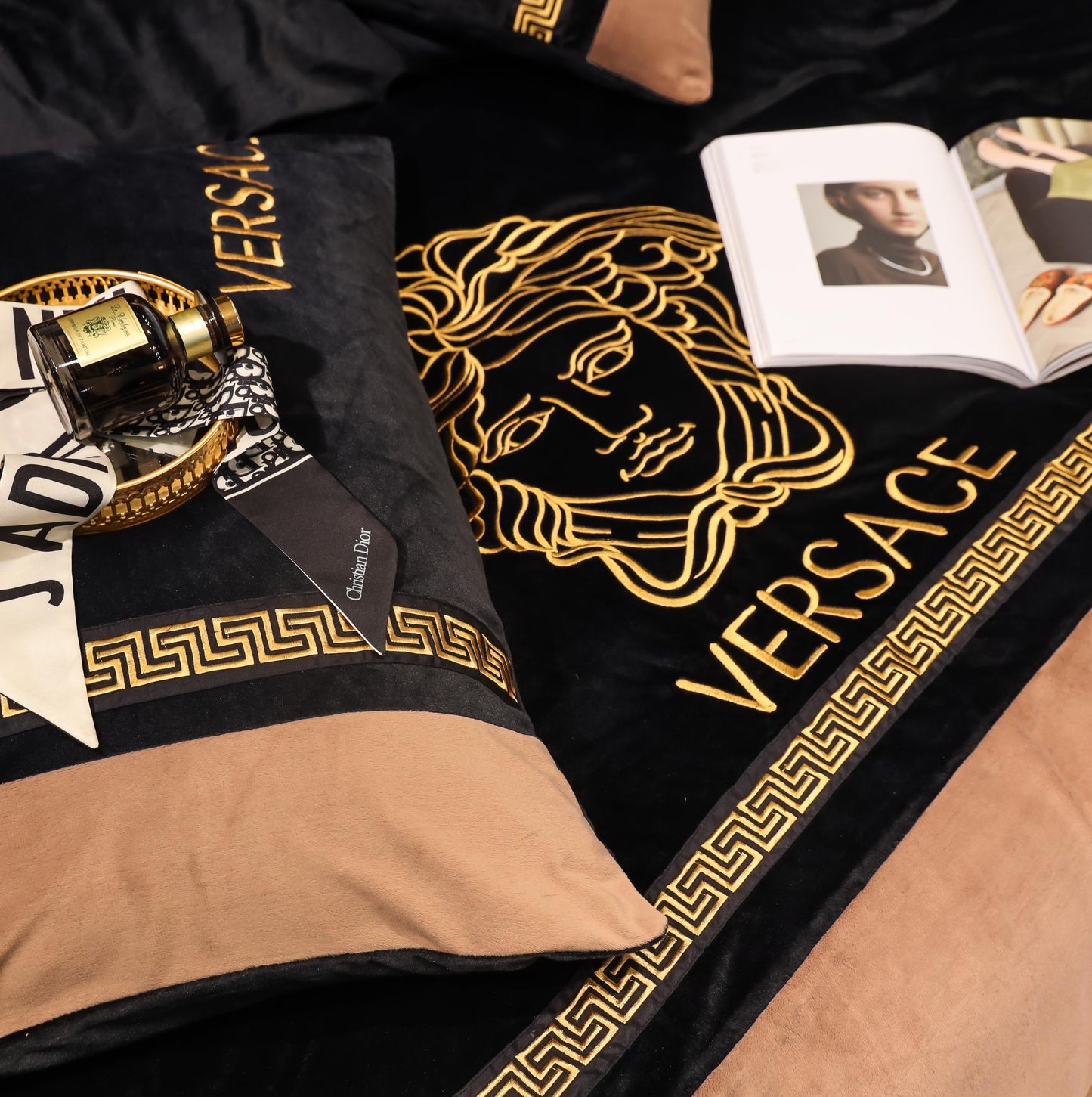 Luxury Black Gold Versace Medusa Milk Velvet Bedding Set