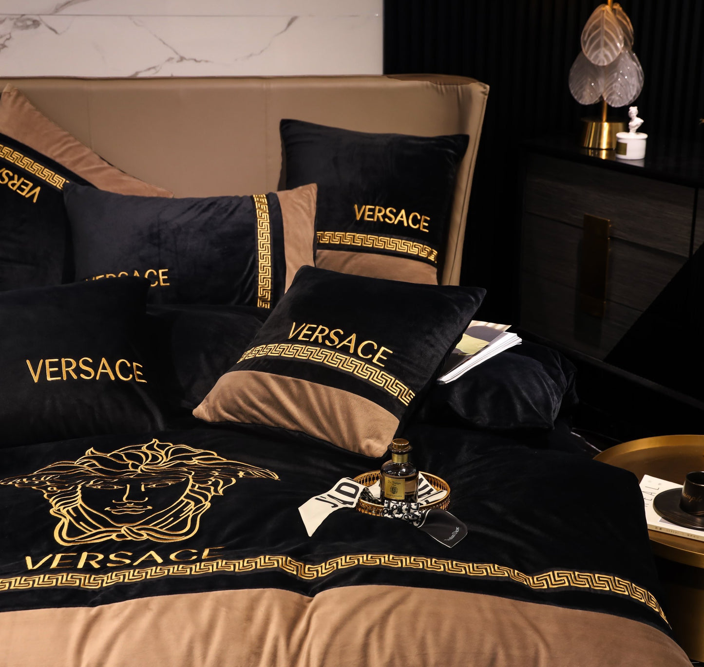 Luxury Black Gold Versace Medusa Milk Velvet Bedding Set