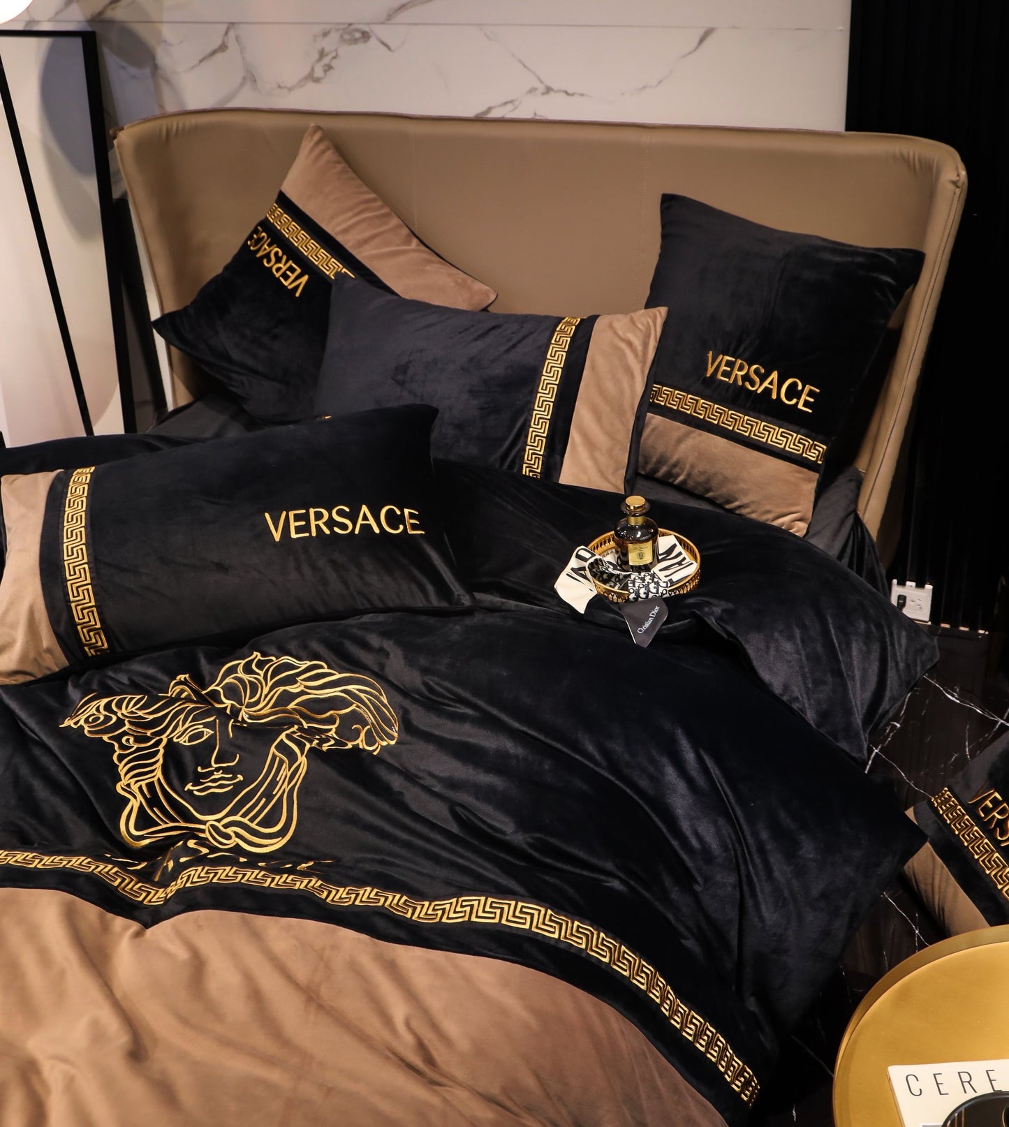 Luxury Black Gold Versace Medusa Milk Velvet Bedding Set