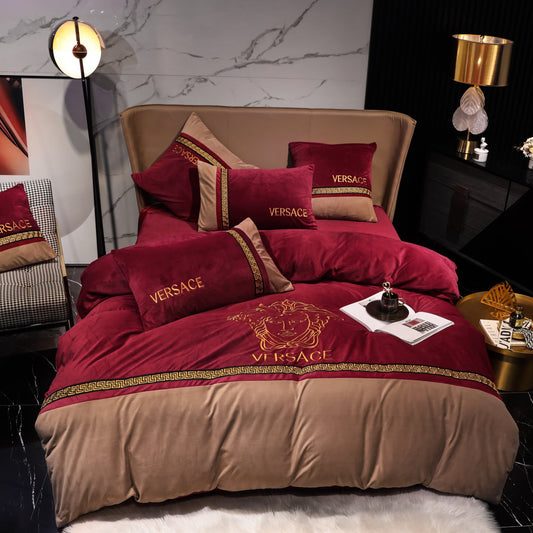 Versace Medusa Red Gold Milk Velvet Bedding Set