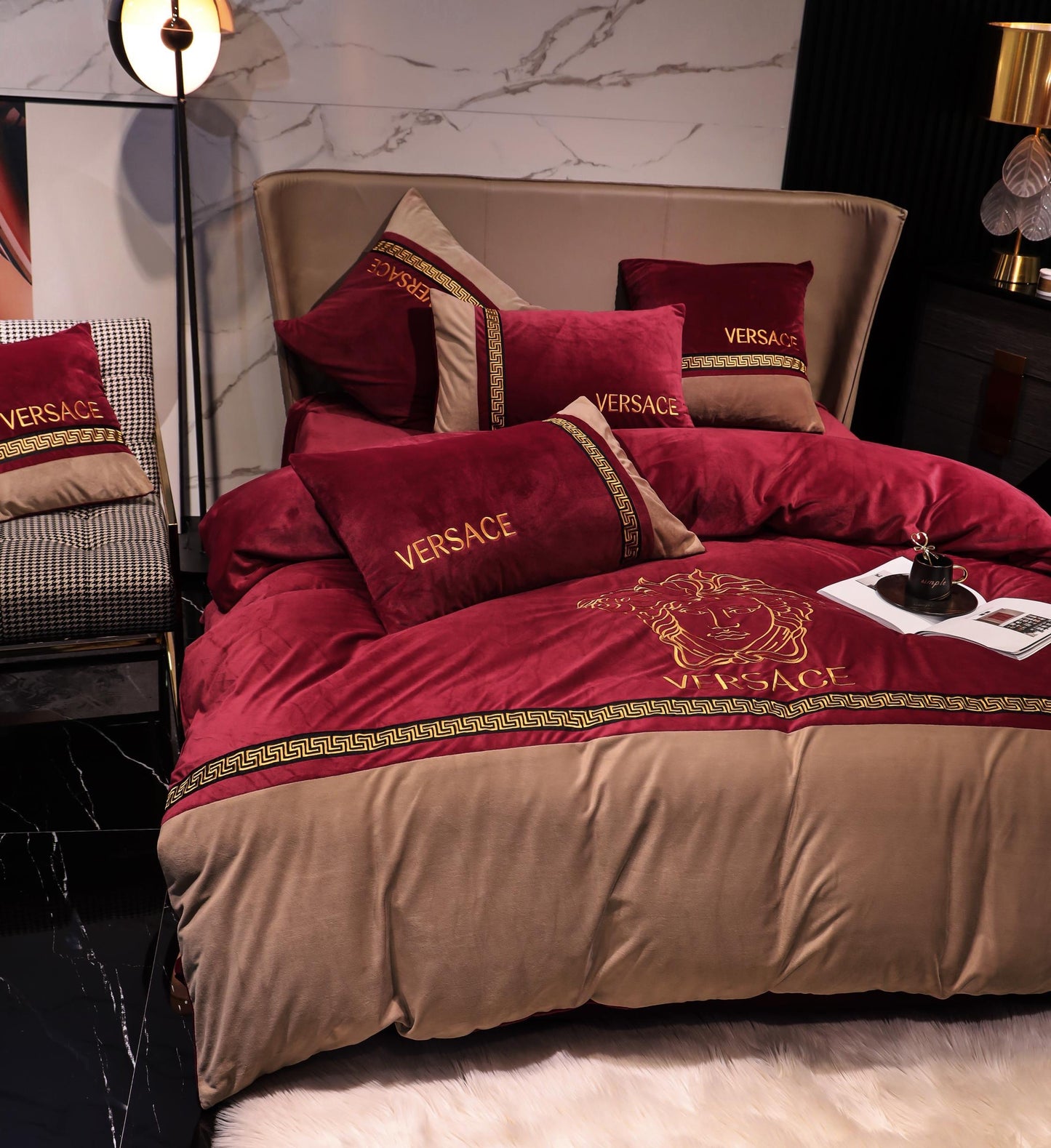 Versace Medusa Red Gold Milk Velvet Bedding Set