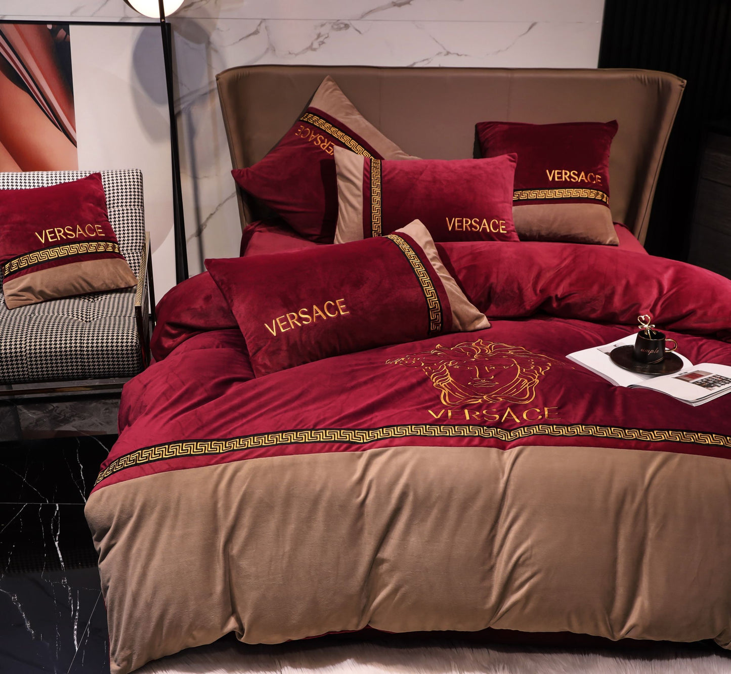 Versace Medusa Red Gold Milk Velvet Bedding Set