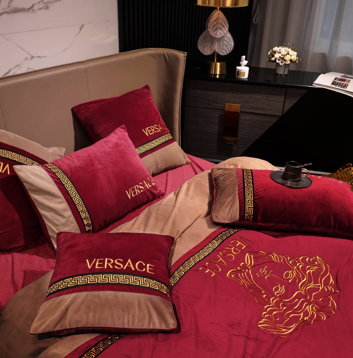 Versace Medusa Red Gold Milk Velvet Bedding Set