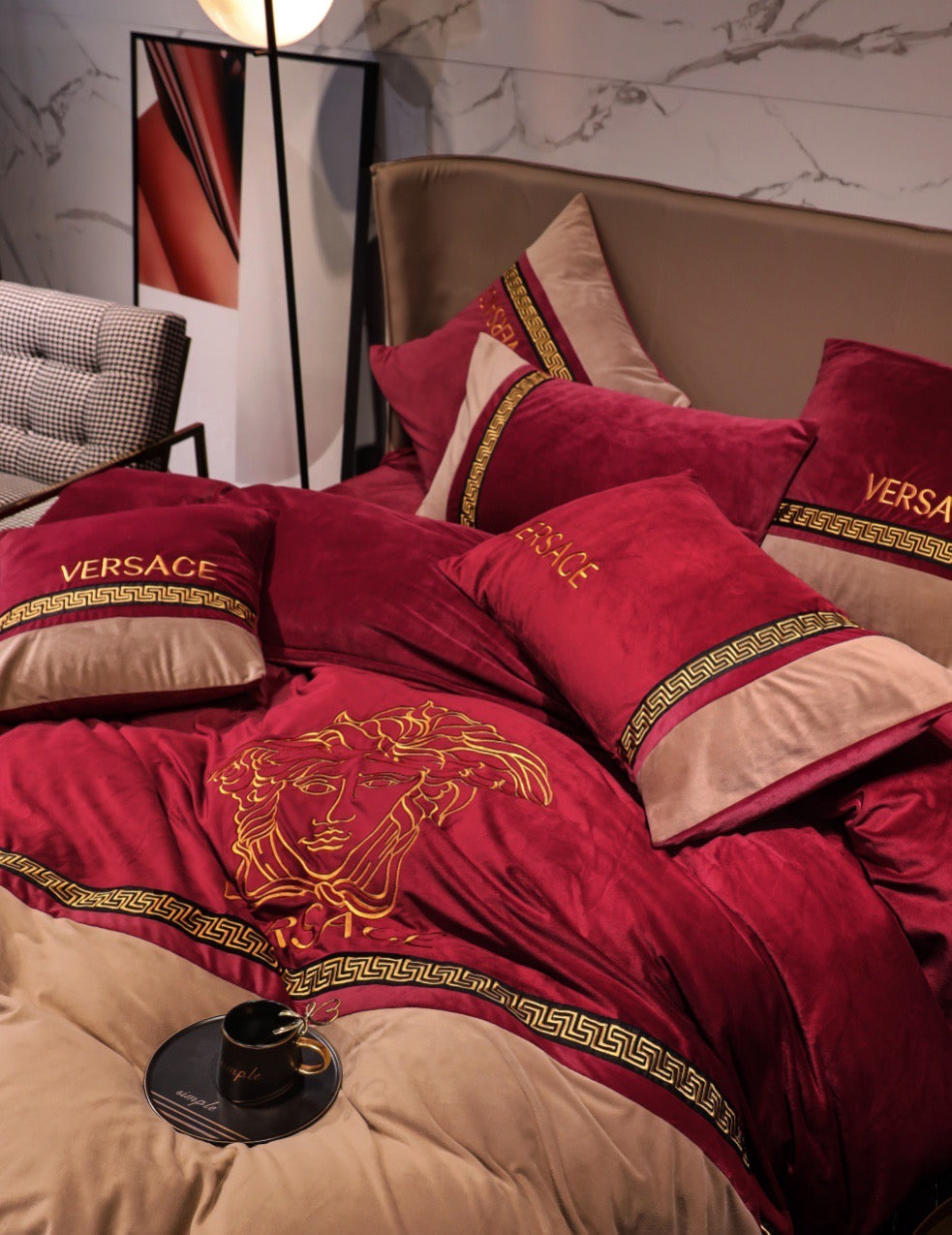 Versace Medusa Red Gold Milk Velvet Bedding Set