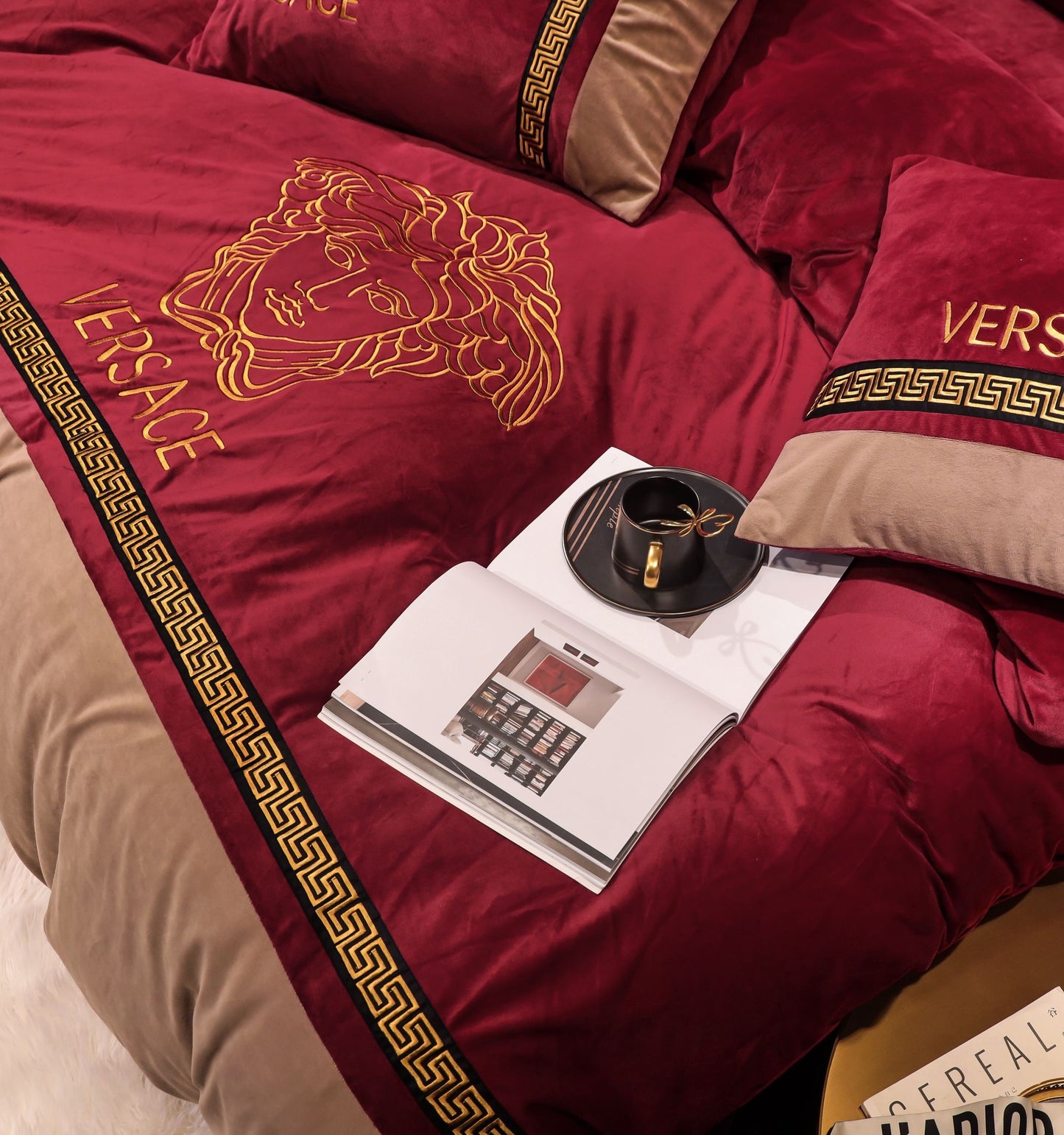 Versace Medusa Red Gold Milk Velvet Bedding Set