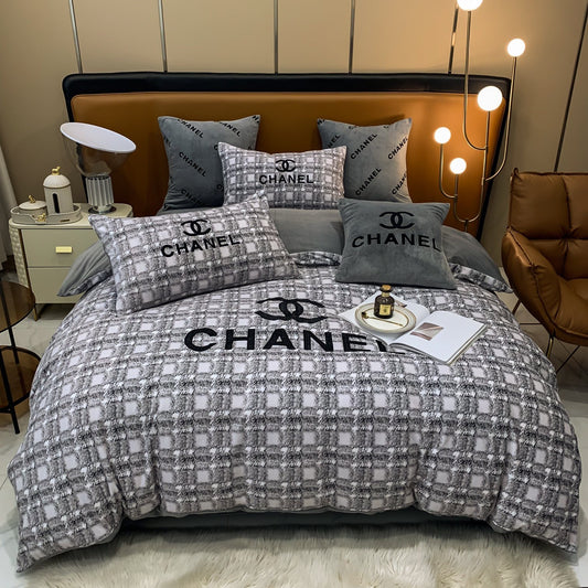 Luxury Branded Chanel Logo Milk Velvet Bedding Set