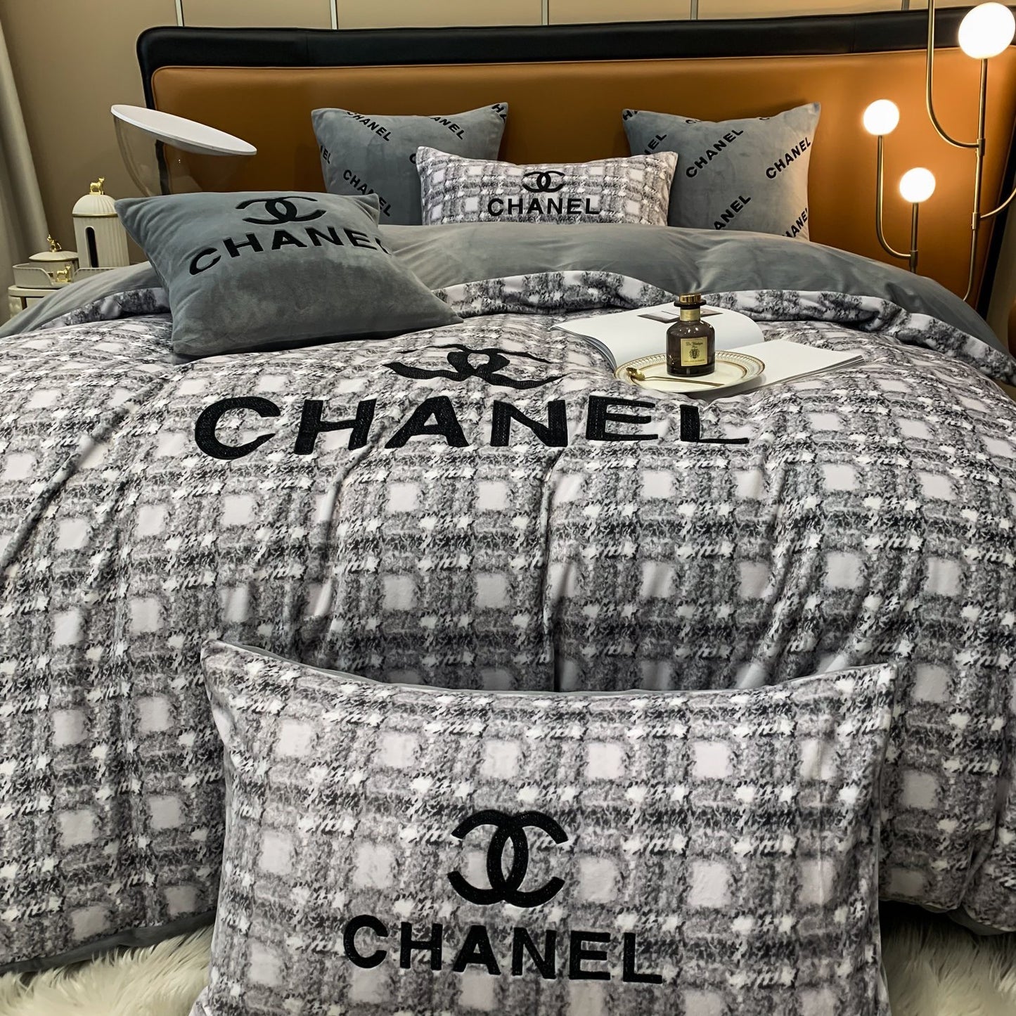 Luxury Branded Chanel Logo Milk Velvet Bedding Set